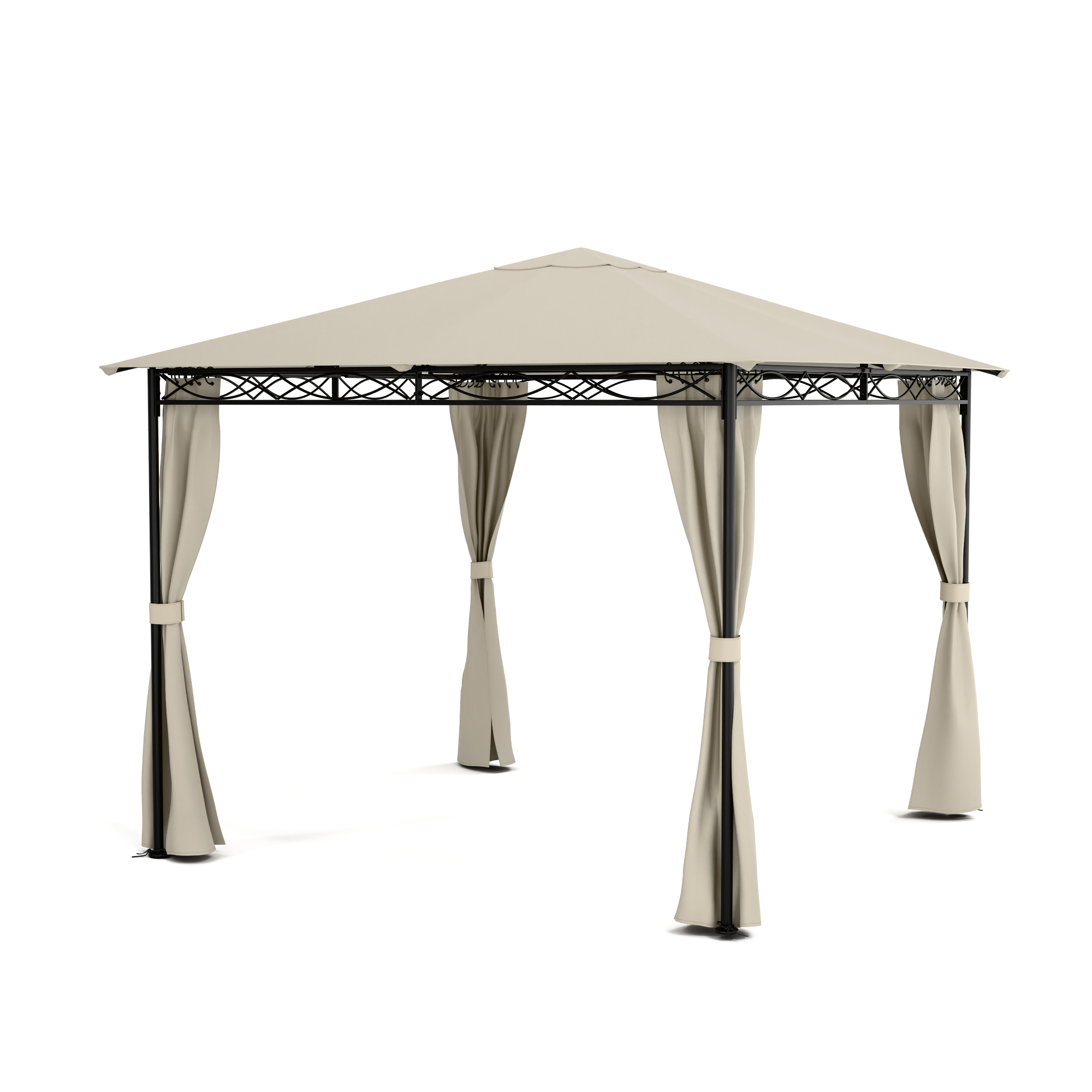 Un gazebo beige con telaio in metallo nero. Drappeggi beige pendono. Sfondo bianco.