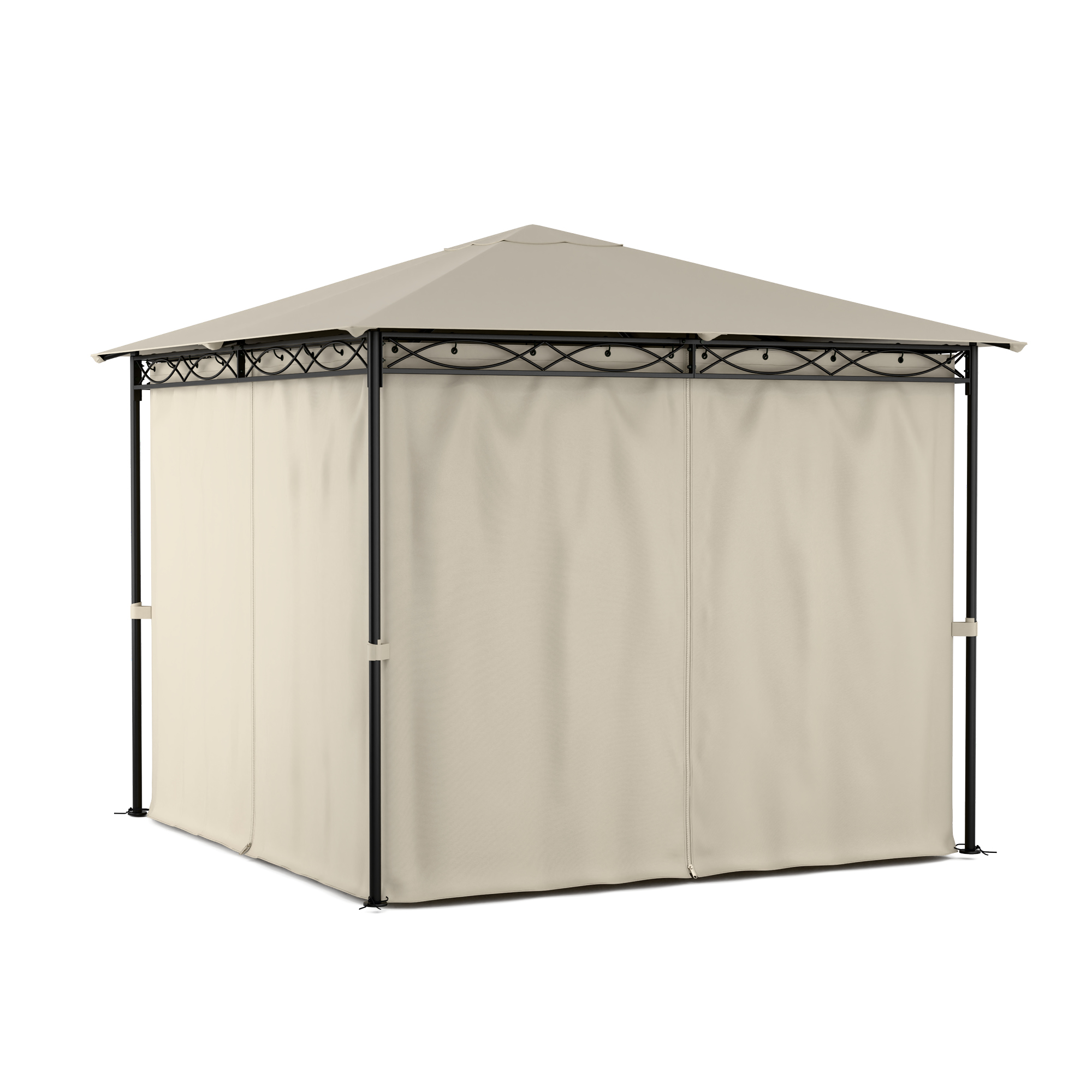 Gazebo beige con struttura nera e tende beige chiuse. Forma quadrata, coperta. Sfondo bianco.
