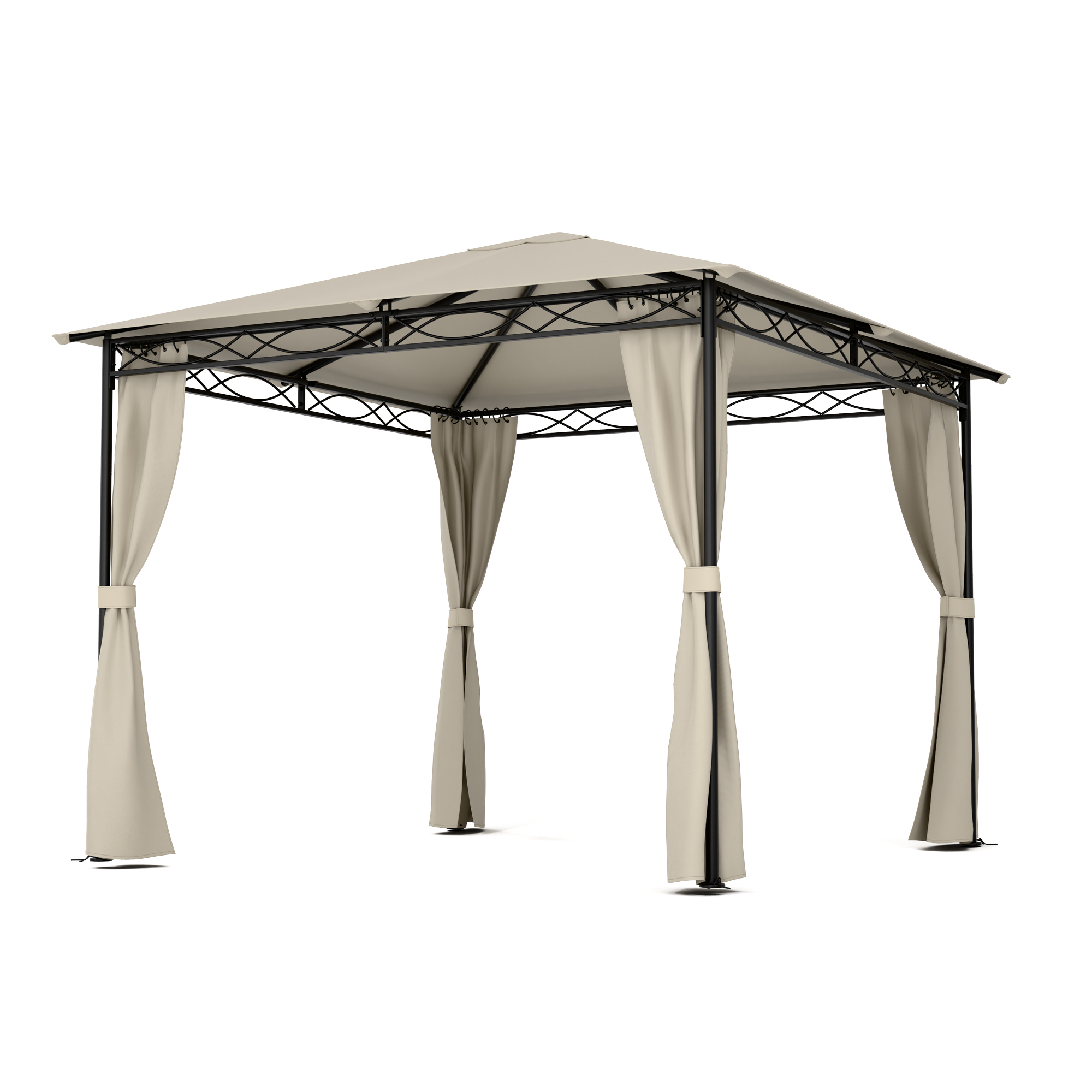 Gazebo beige con struttura nera e tende beige aperte. Forma quadrata, coperta. Sfondo bianco.