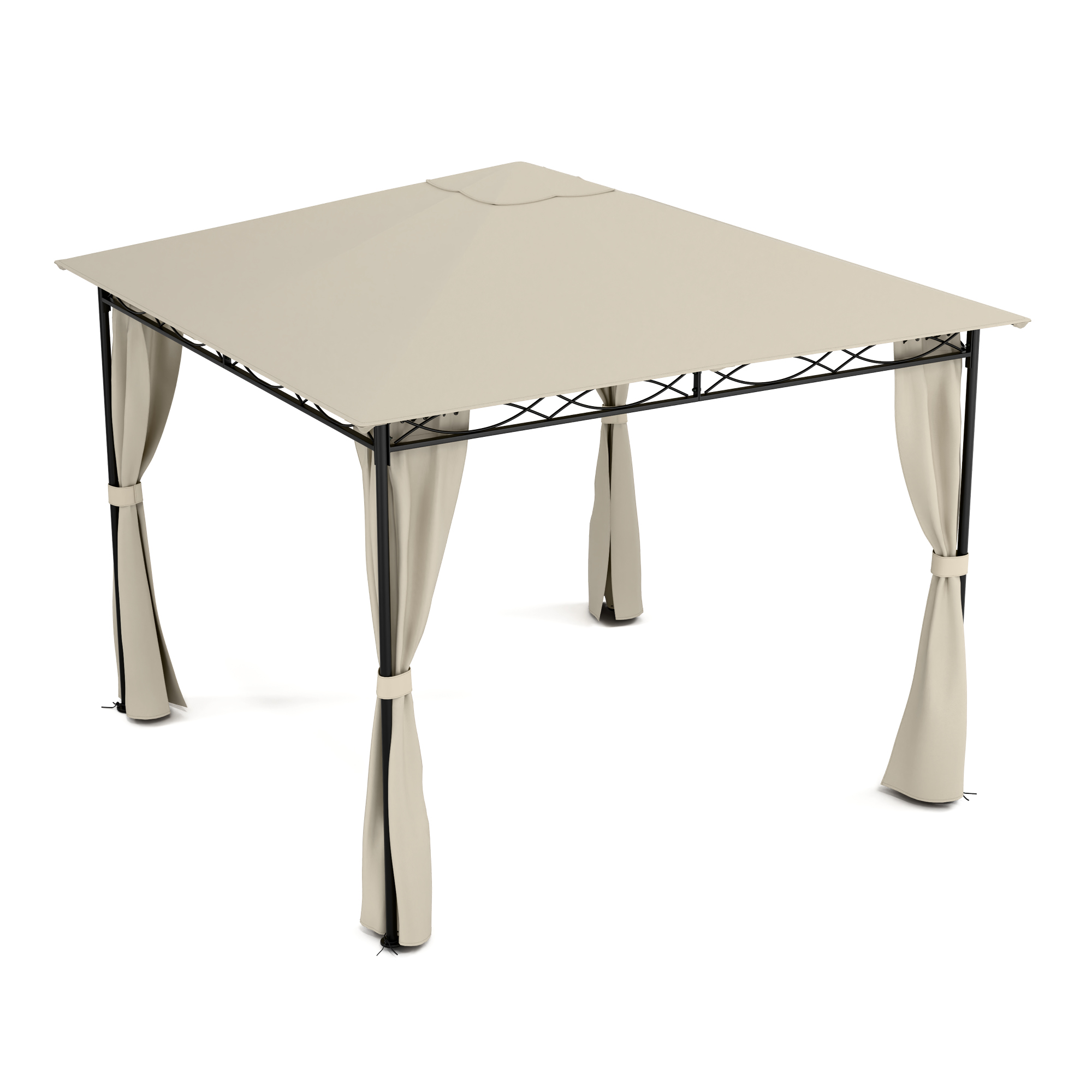 Gazebo beige con struttura nera, quattro tende beige e tetto beige, isolato su sfondo bianco.