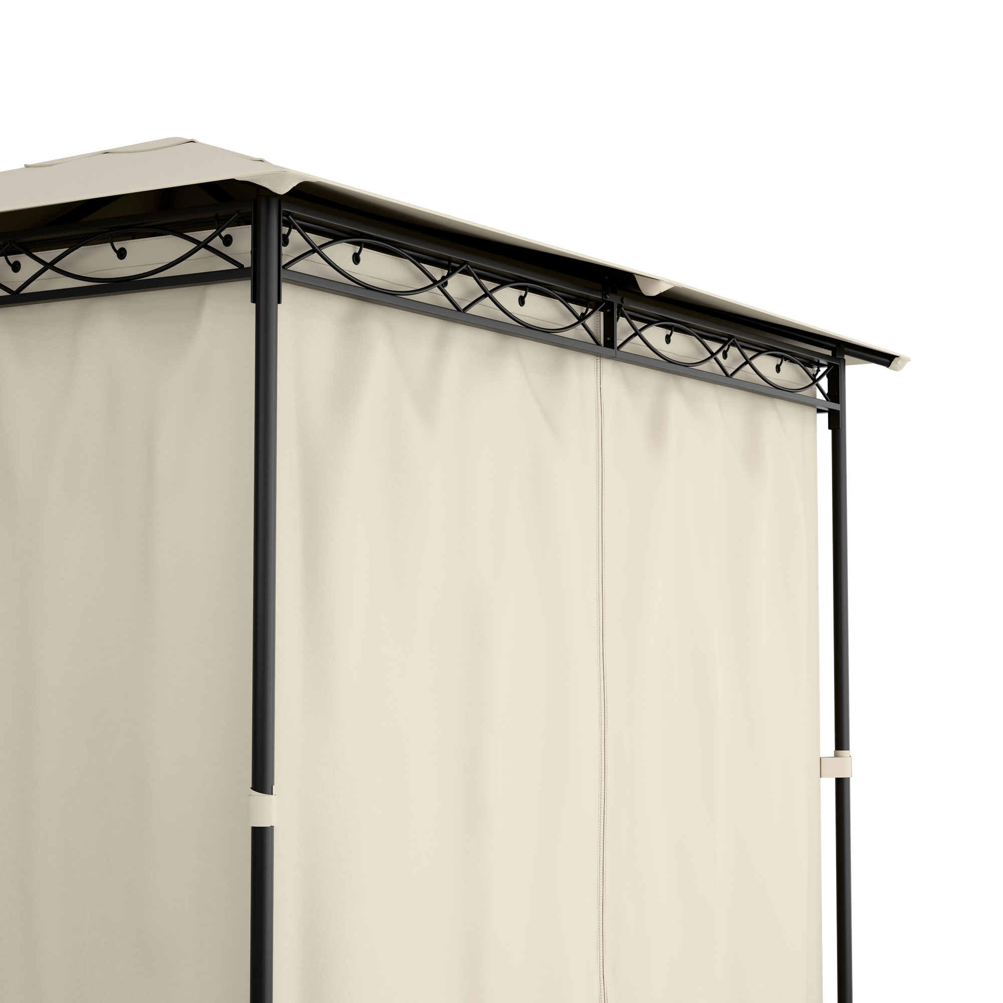 Primo piano del tetto del gazebo con struttura nera e tende beige. Sfondo bianco.