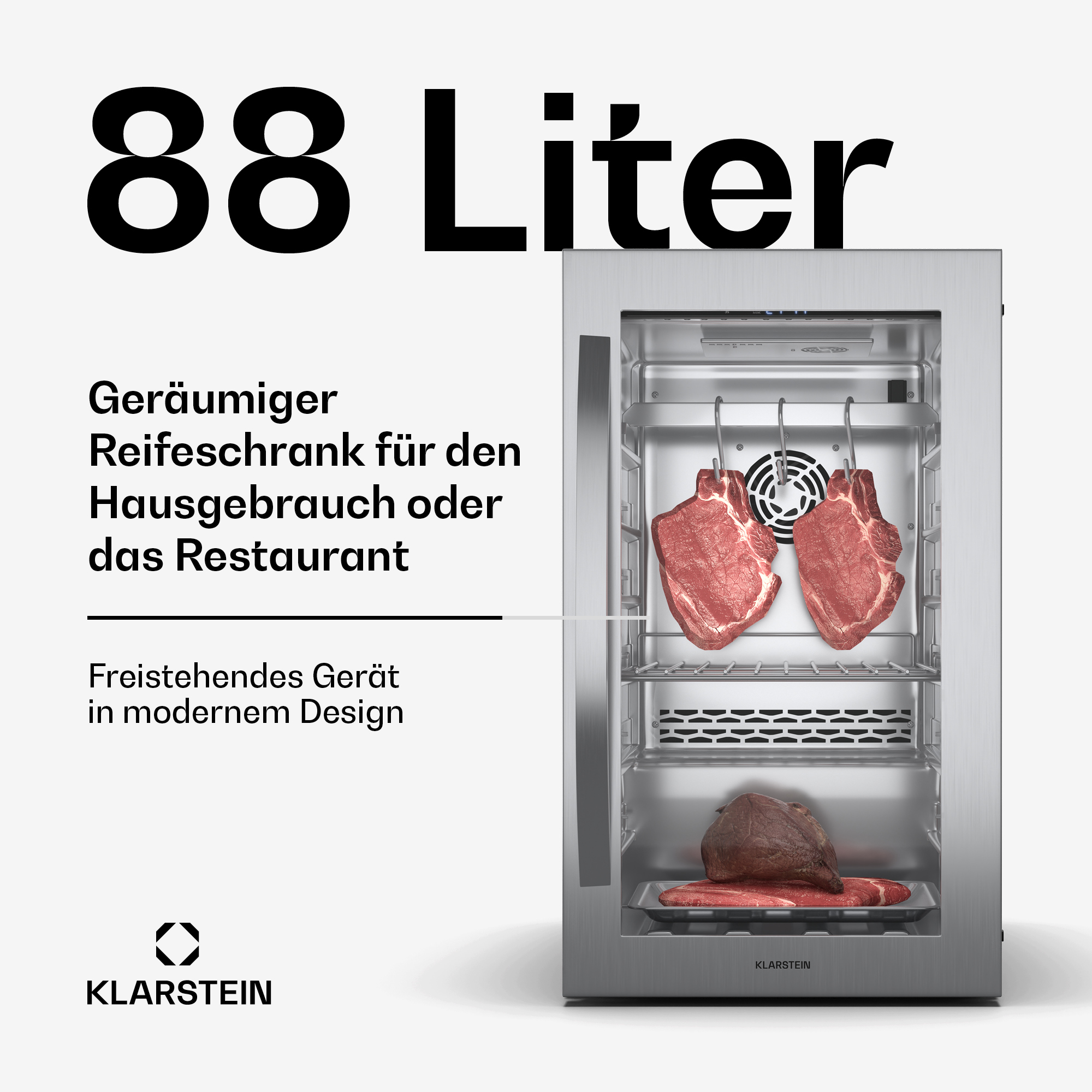 Frigorifero con carne all'interno. Testo: 88 litri. Per la casa o il ristorante. Acciaio inossidabile, design moderno.