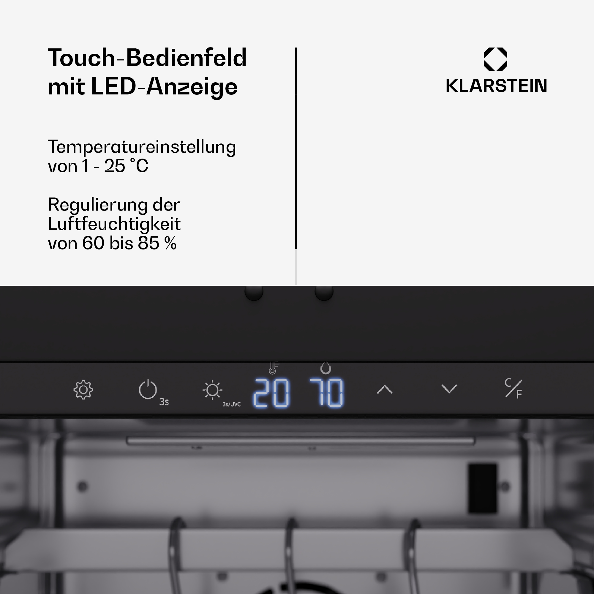 Pannello di controllo touch con display LED. Impostazioni di temperatura e umidità. Sfondo nero.