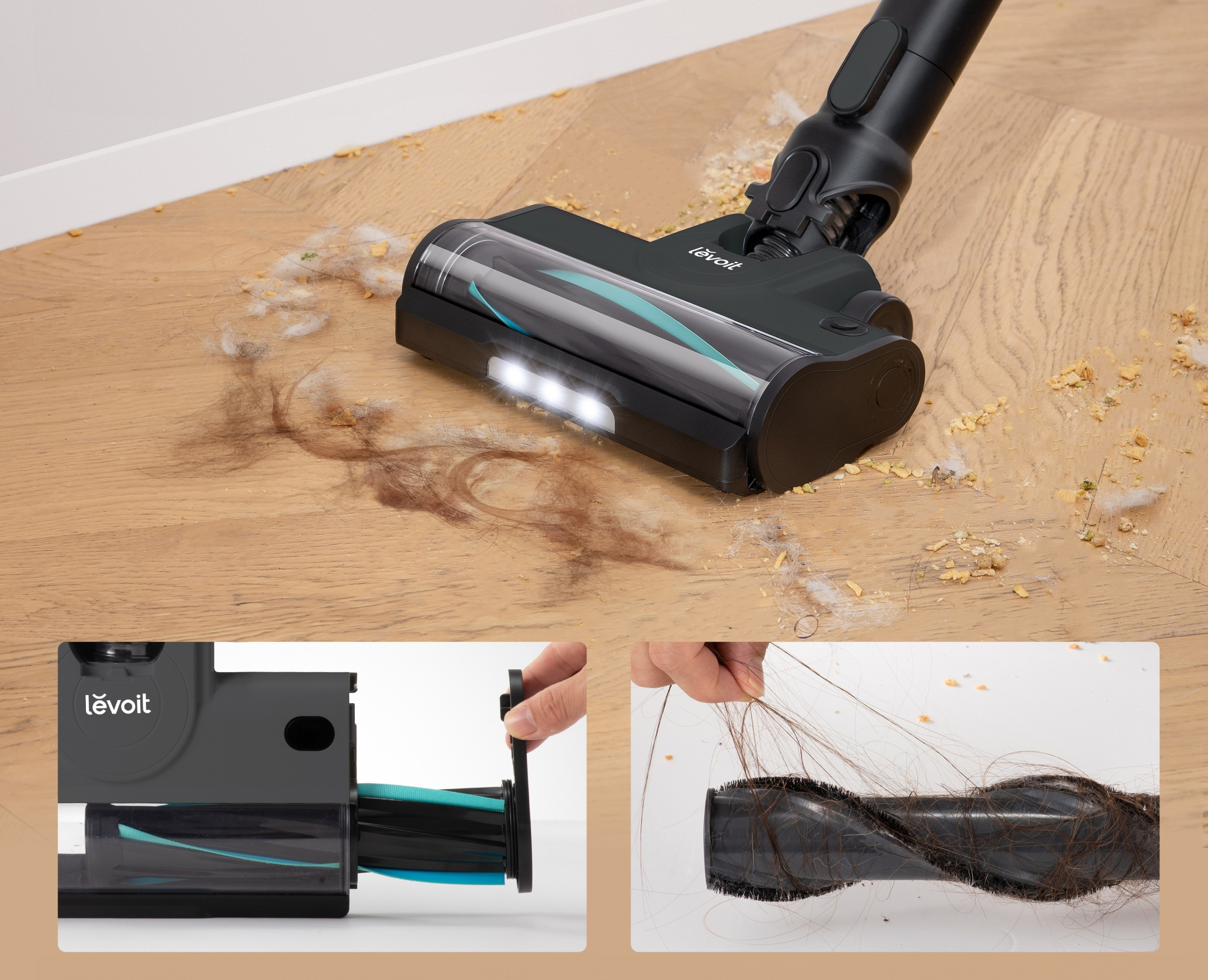 Odkurzacz czyszczący drewnianą podłogę. Włosy i zanieczyszczenia są zbierane. Zbliżenia pokazują szczotkę.