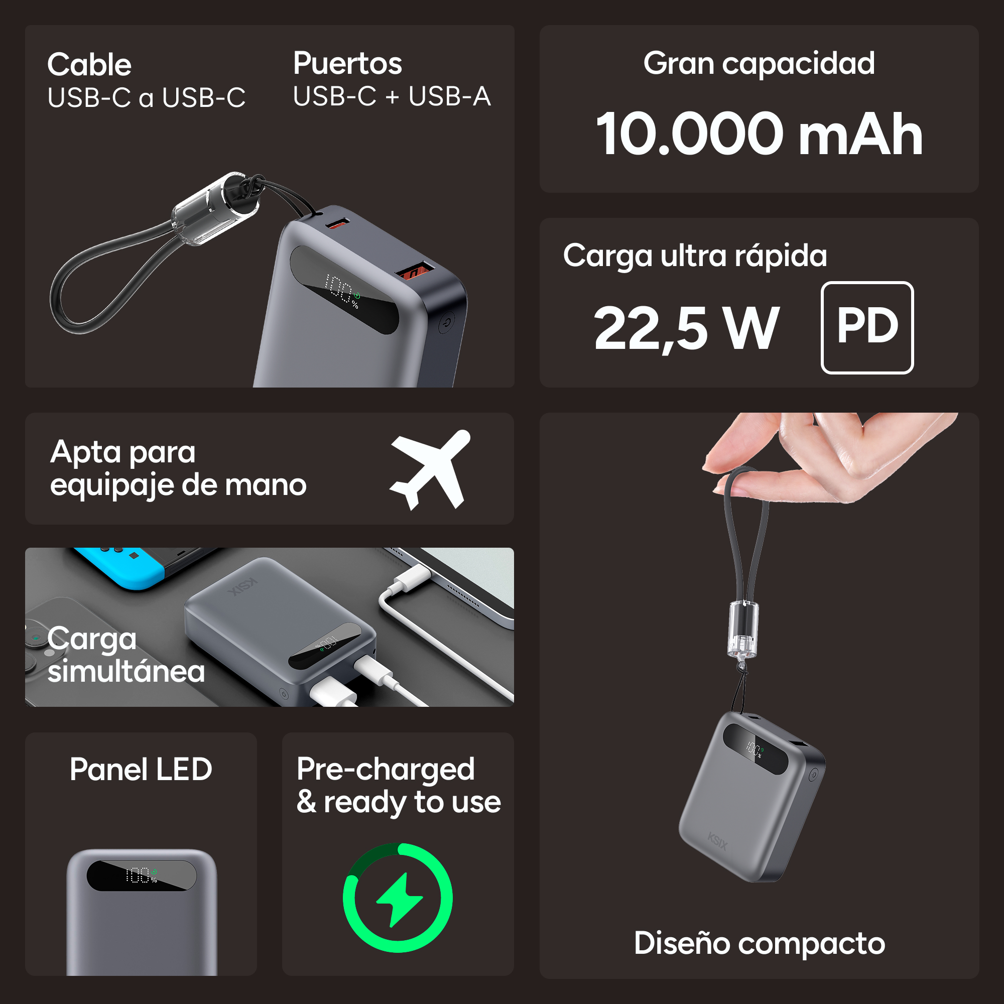 Un gráfico informativo promociona las características de un banco de energía gris, incluida su capacidad de 10.000 mAh.