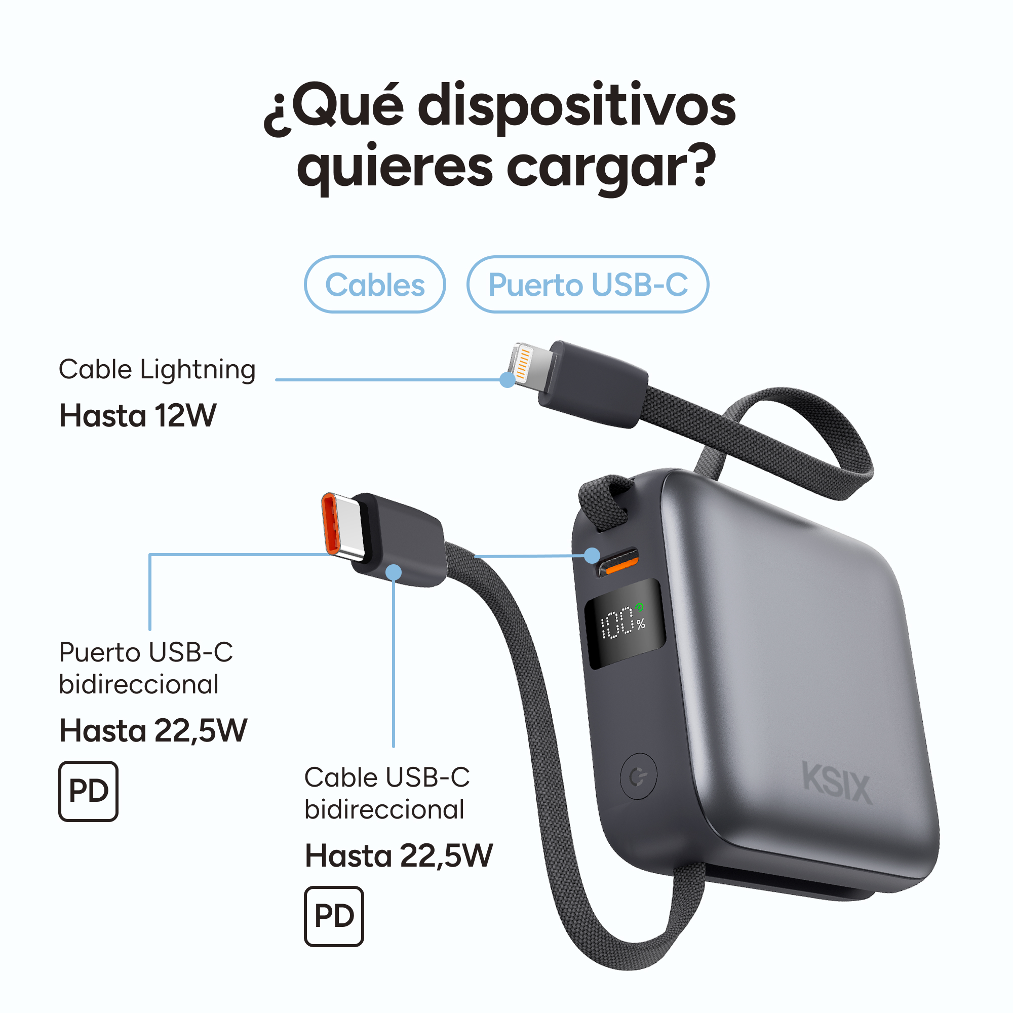 Un grafico informativo descrive in dettaglio le caratteristiche dei cavi USB-C e Lightning di un power bank grigio.