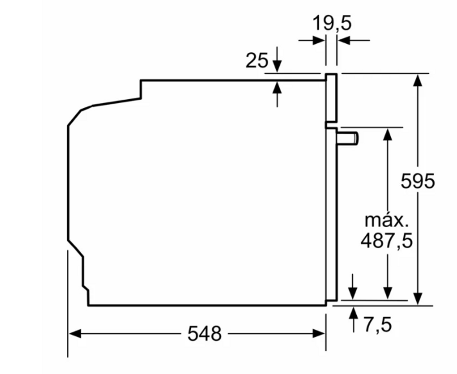 Rysunek techniczny piekarnika z wymiarami w milimetrach. Widok z boku pokazuje zarys piekarnika.