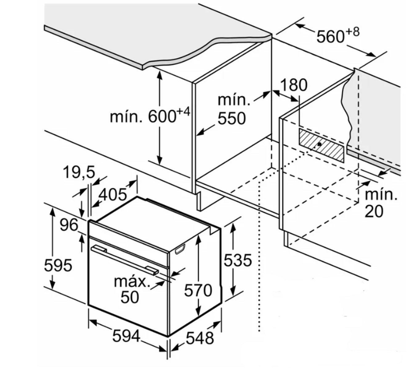 Rysunek techniczny piekarnika, z wymiarami i szczegółami instalacji.