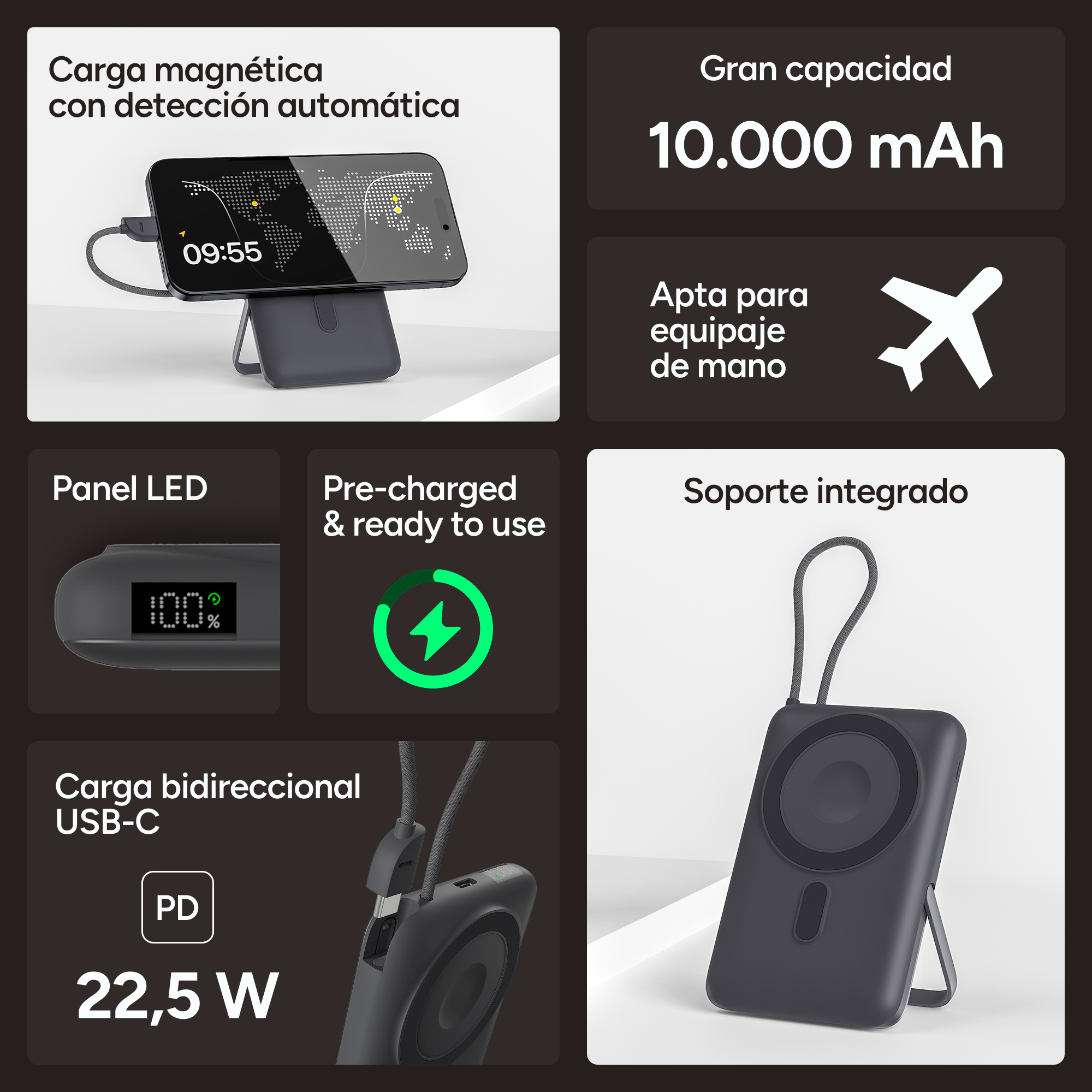 Un banco de energía con una pantalla digital que muestra el 100% de carga.
