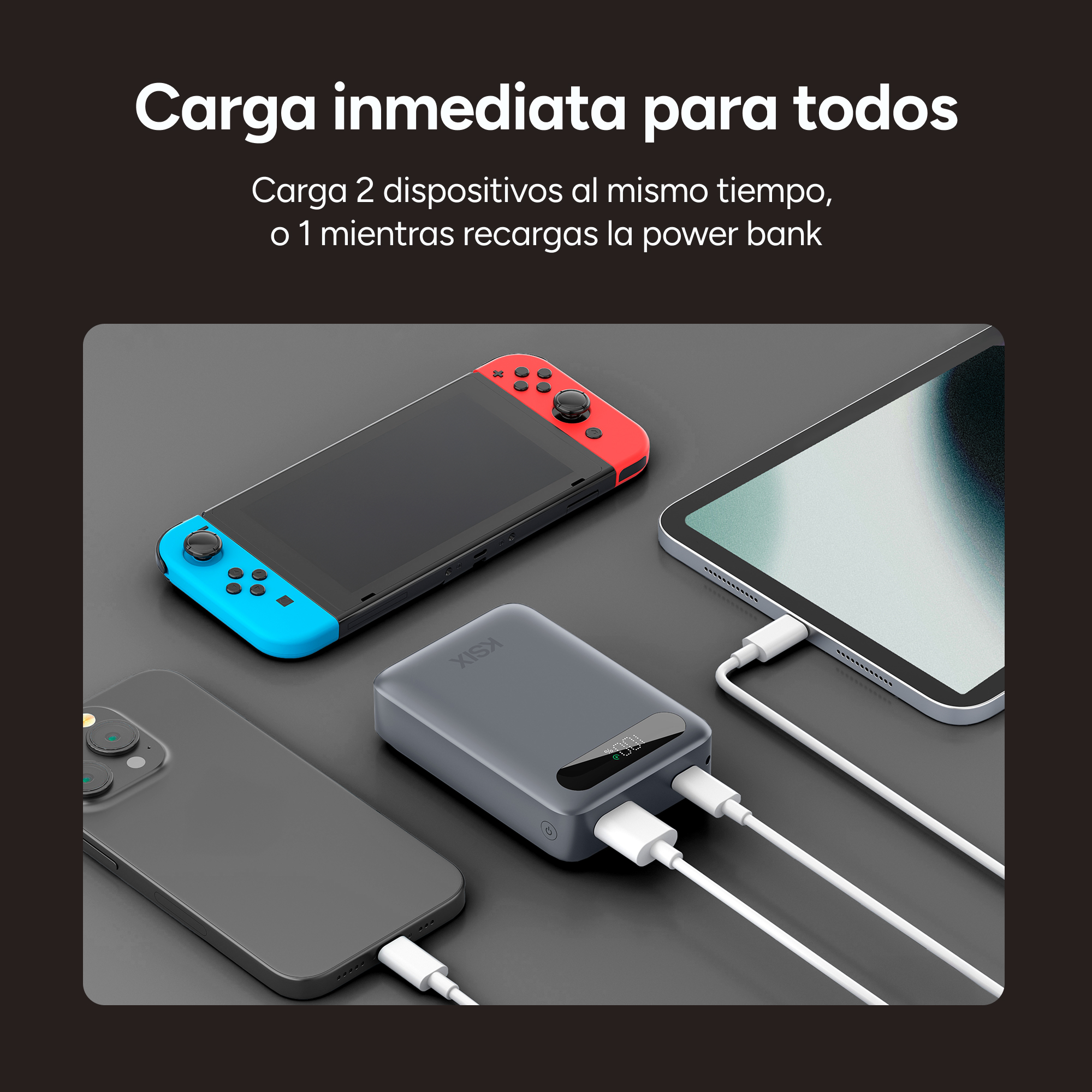 Una Nintendo Switch, una tableta y un teléfono conectados a una estación de carga.