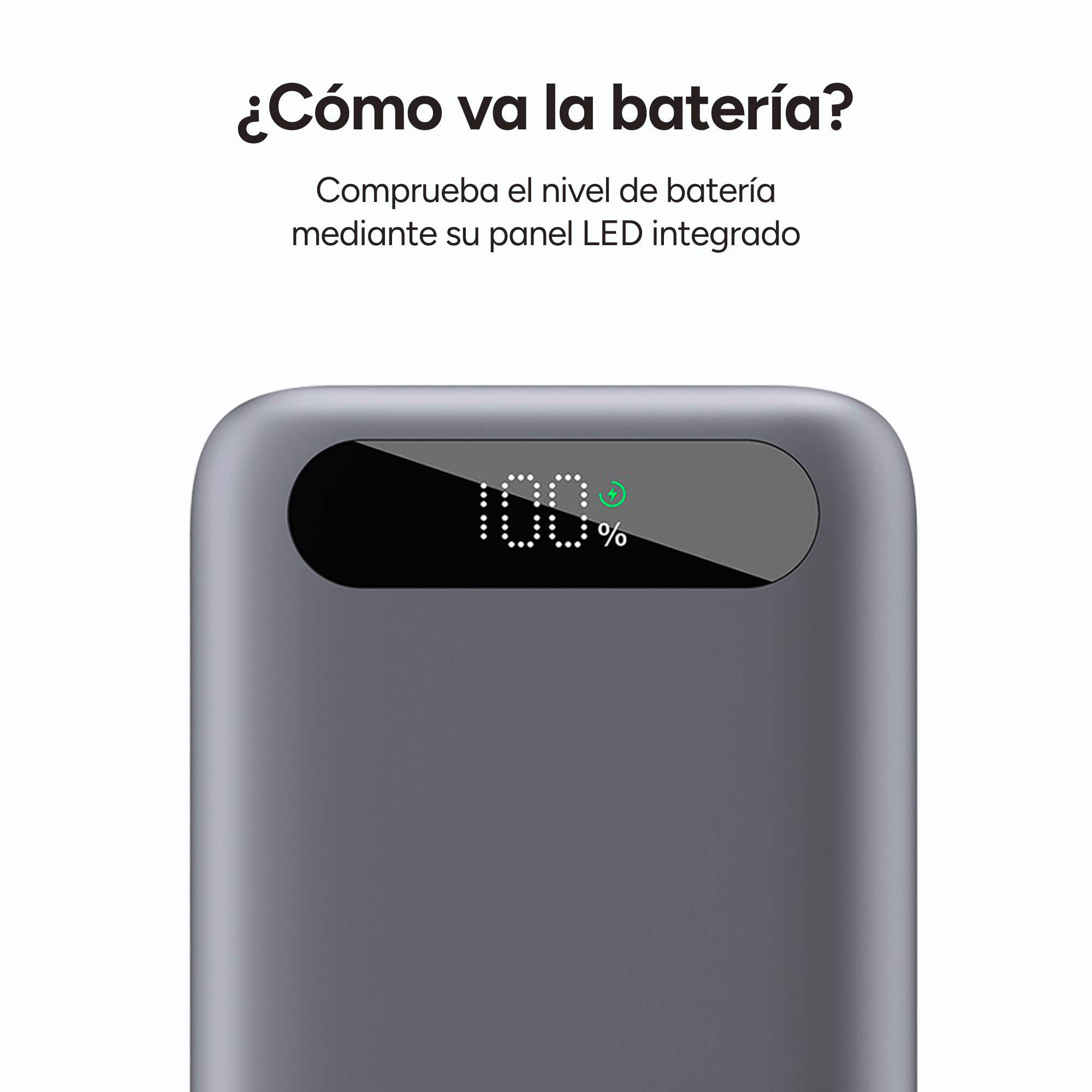 Un banco de energía con una pantalla digital que muestra el 100% de carga.
