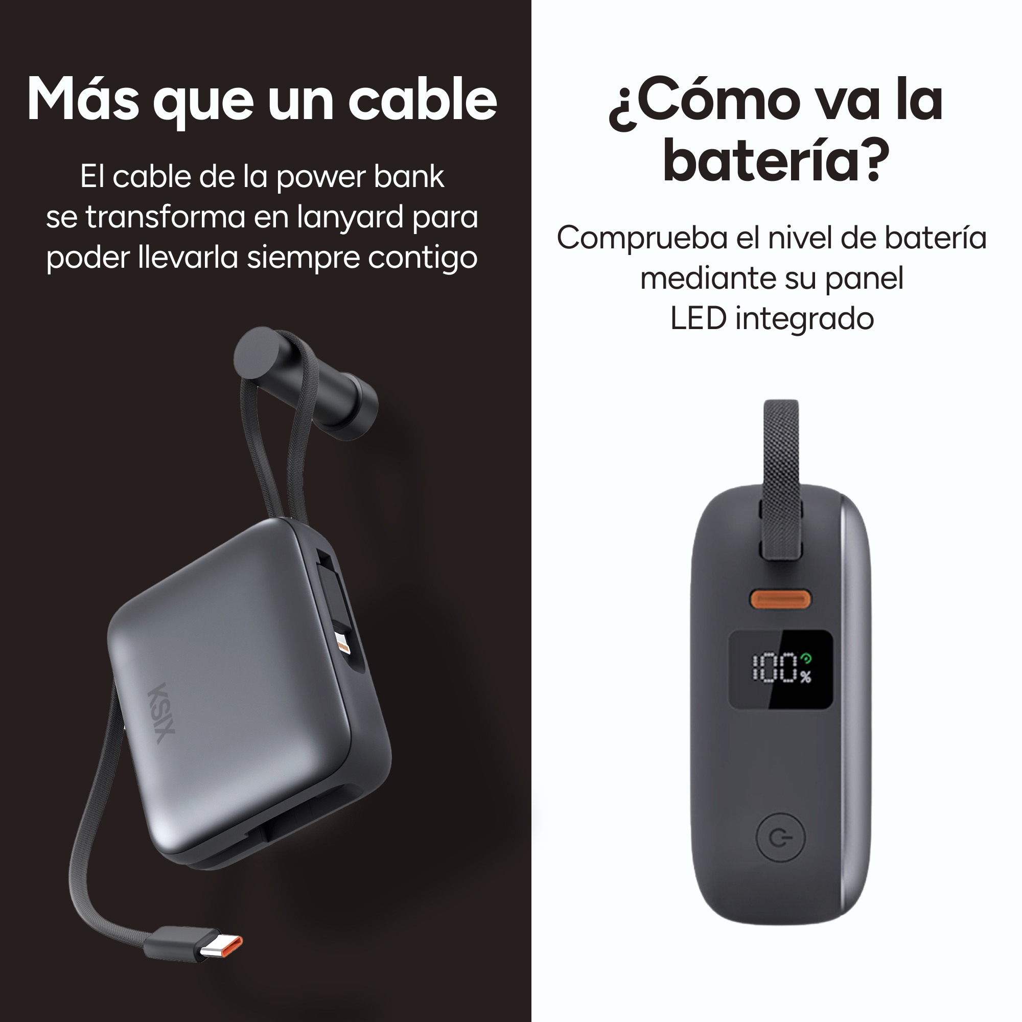 Un power bank e un cavo che si trasforma in un cordino.