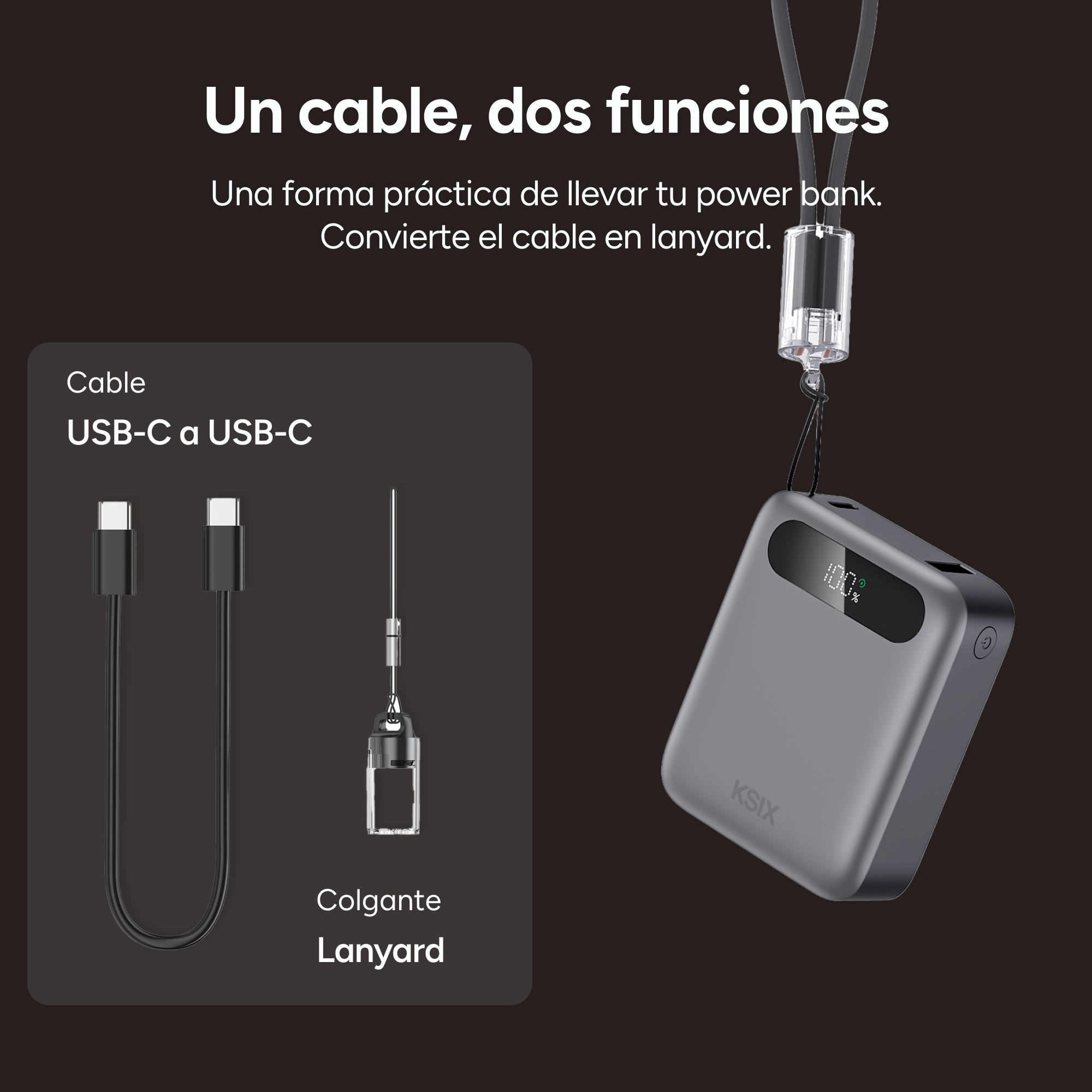 Cable USB-C a USB-C y un banco de energía con un cordón.