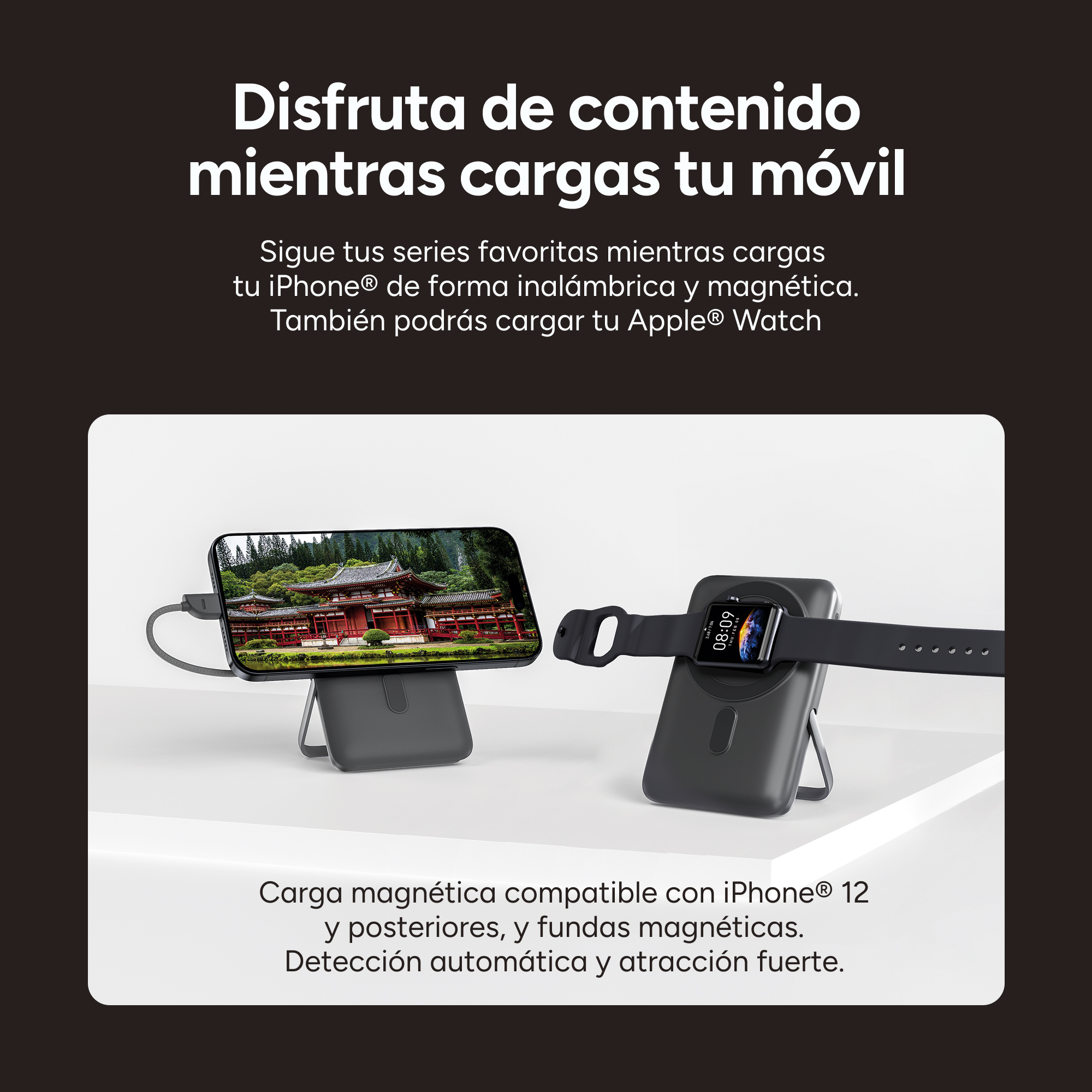 Un teléfono y un reloj cargándose en una estación de carga.