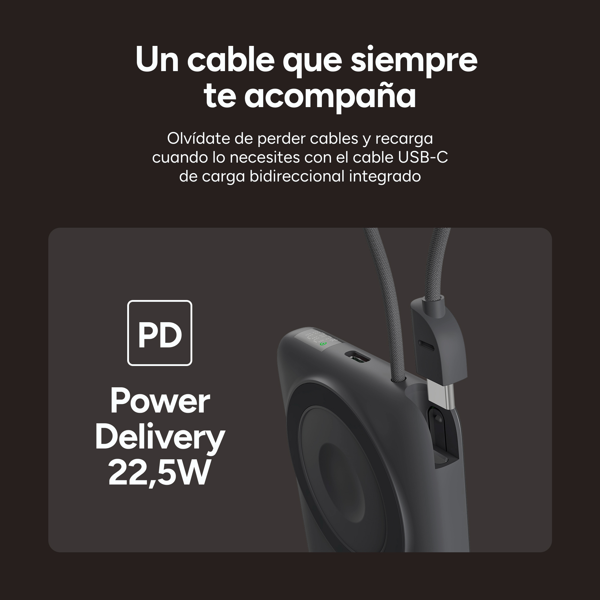 Un power bank negro con cable USB-C. Texto: 'Power Delivery 22,5W'.