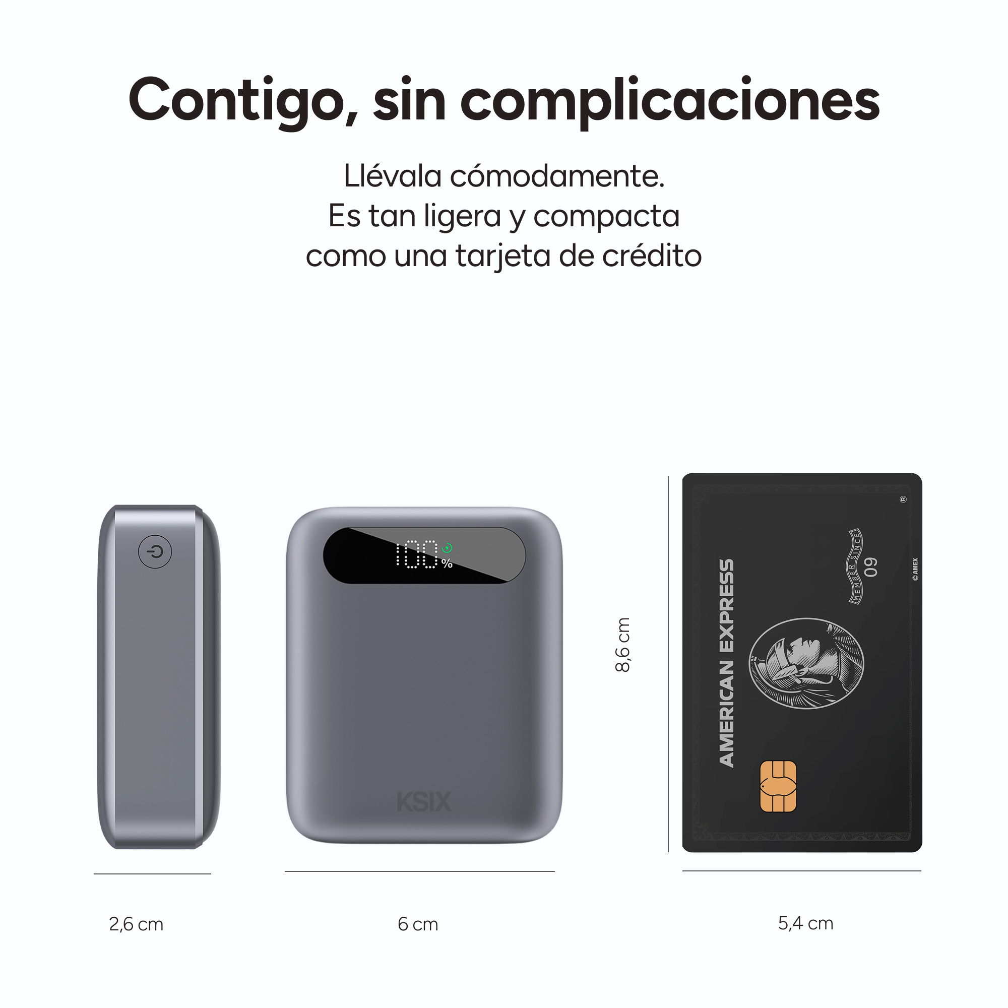 Un banco de energía y una tarjeta American Express están uno al lado del otro. El banco de energía tiene una pantalla que muestra el 100%.
