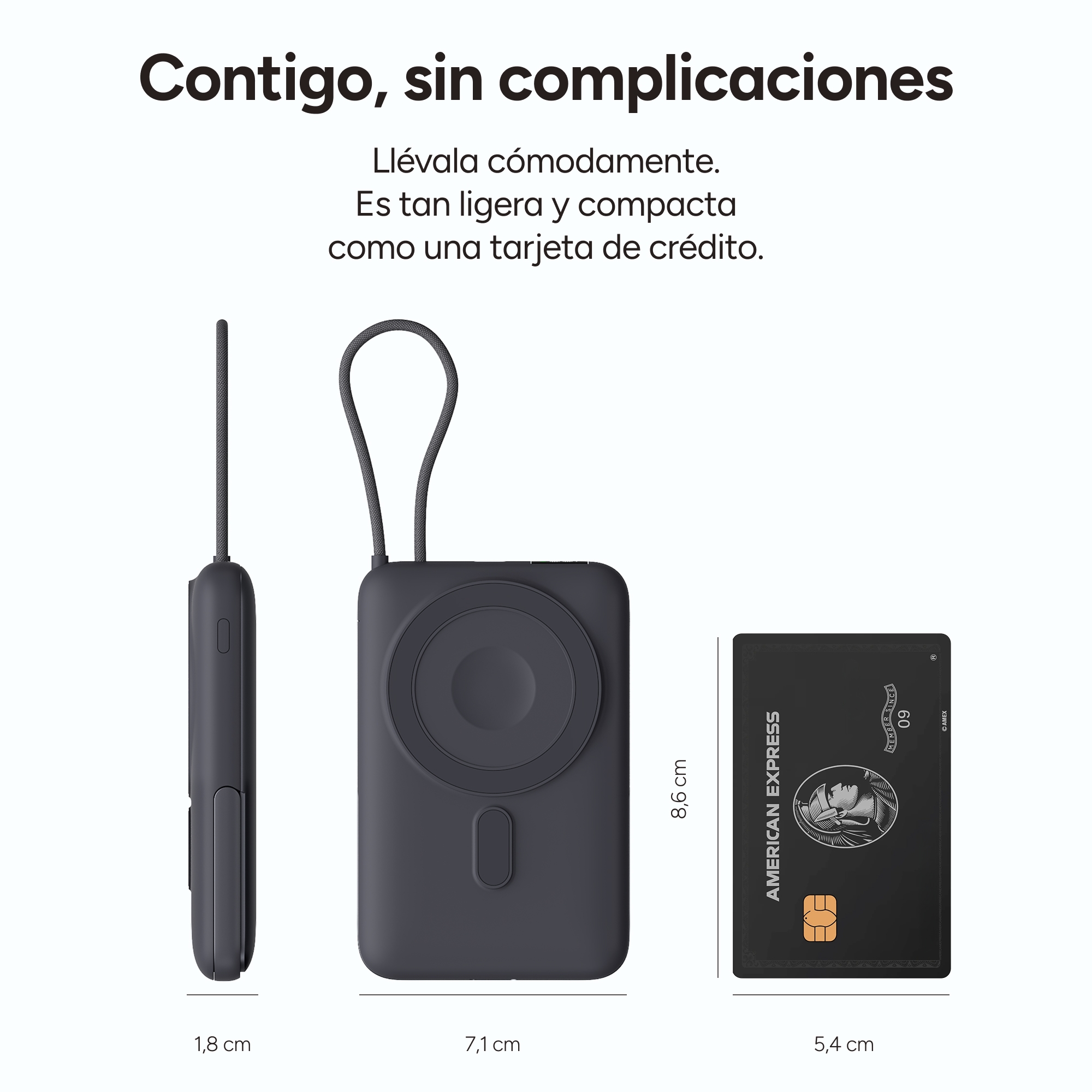 Un banco de energía con un cordón y una tarjeta American Express están uno al lado del otro. El banco de energía muestra el 100% en la pantalla.