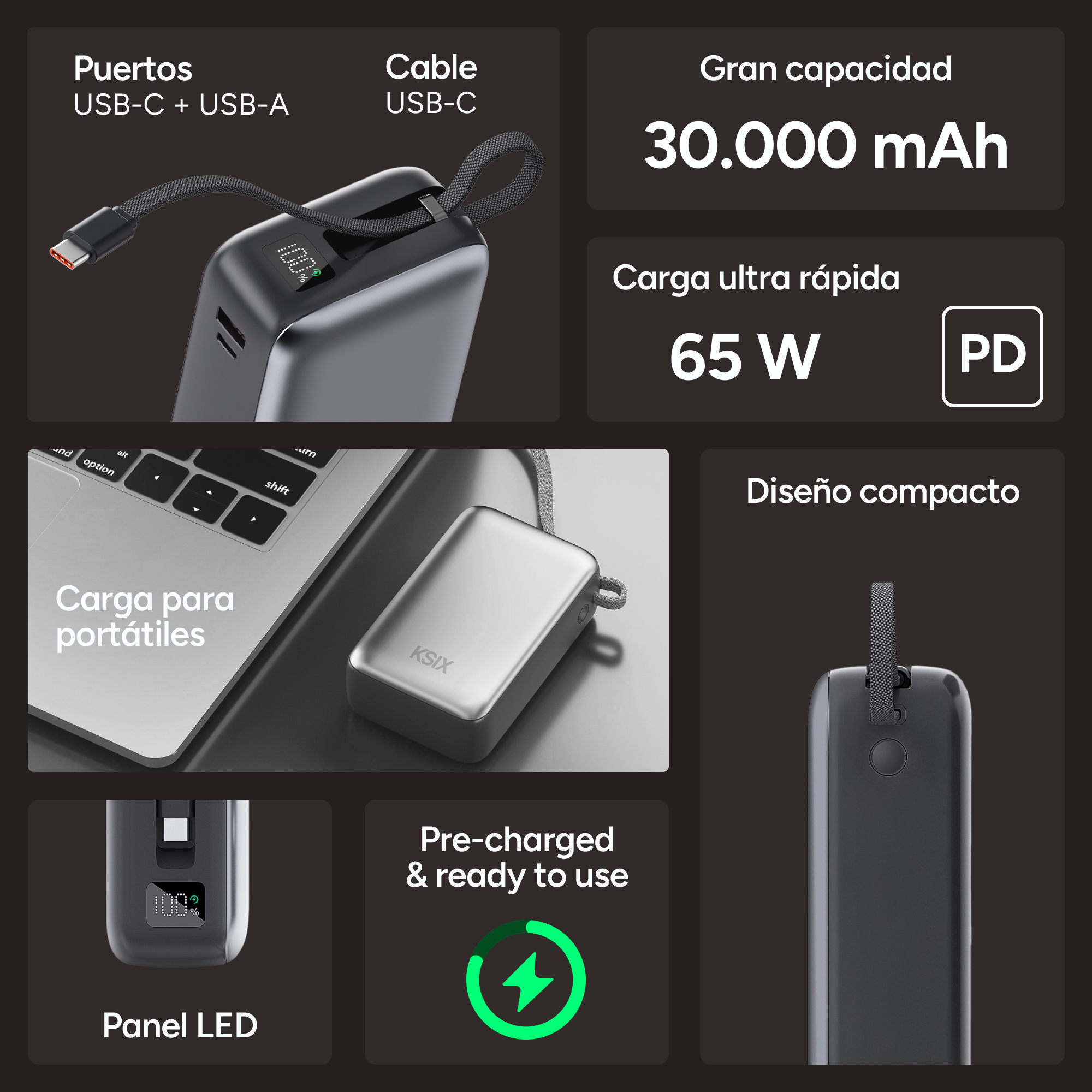 Una imagen muestra un banco de energía con puertos USB-C y USB-A, un cable USB-C y detalles sobre su capacidad y características.