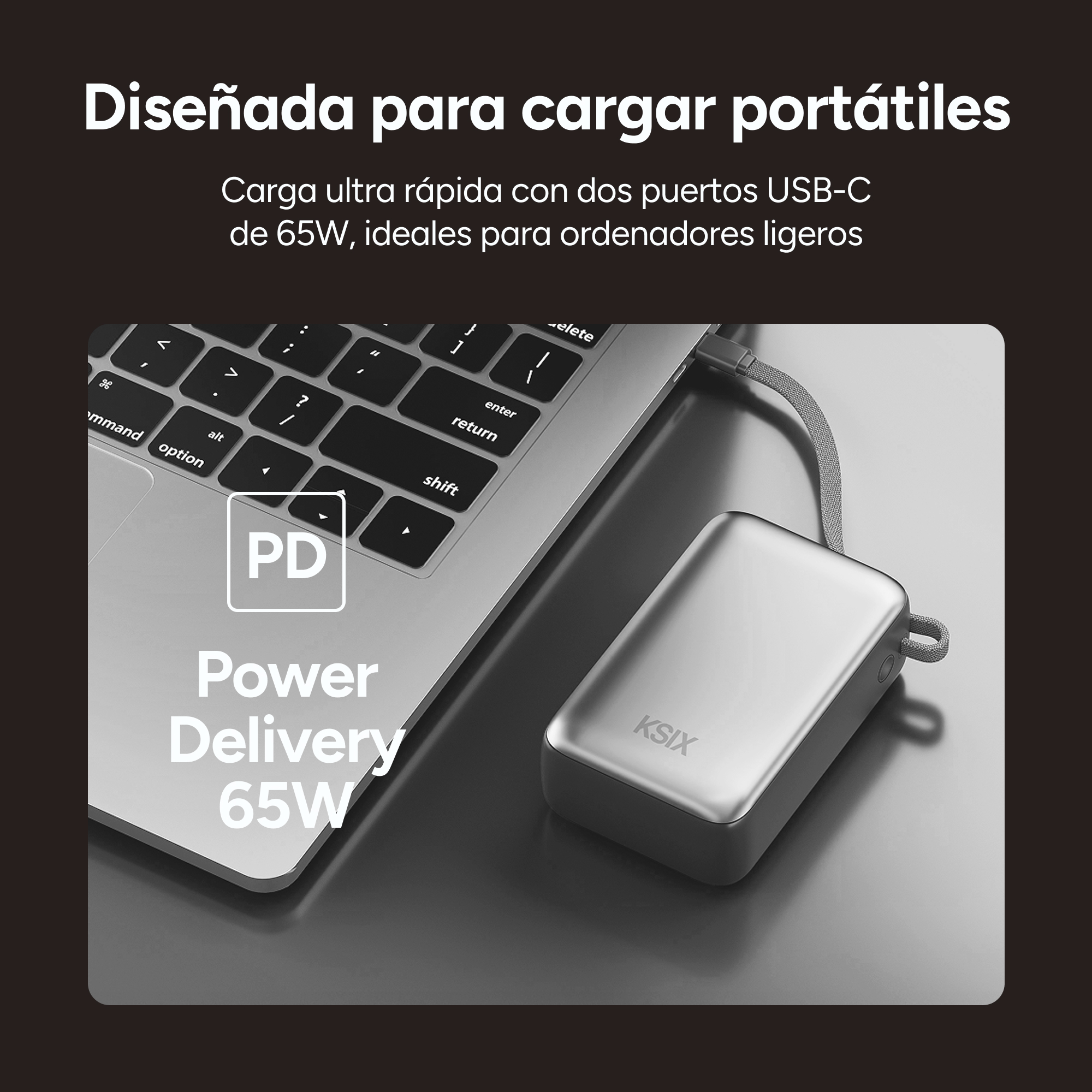 Un portátil conectado a un banco de energía plateado. El banco de energía está cargando el portátil a través de un cable USB-C.