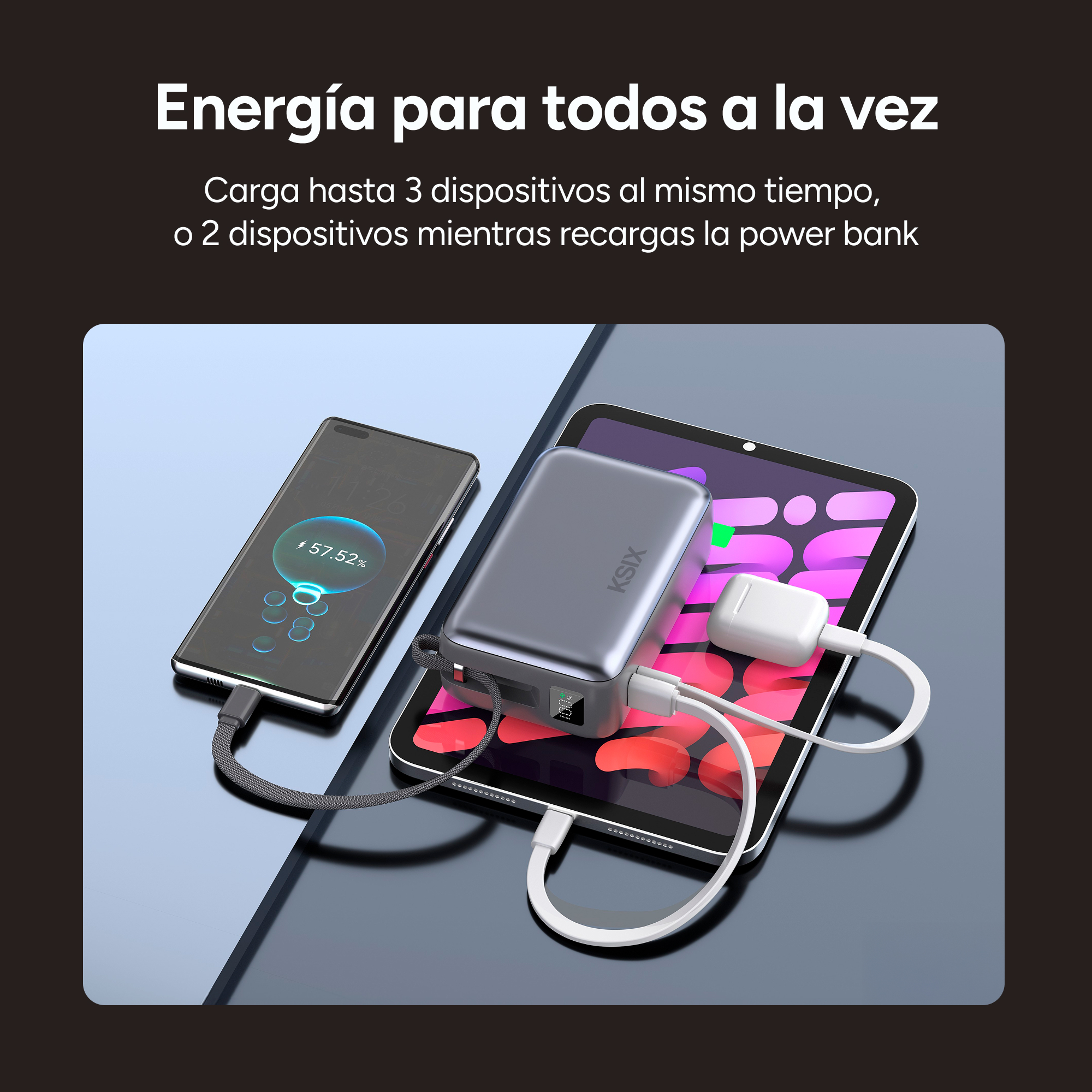 Un smartphone, una tableta y un banco de energía están conectados, mostrando el teléfono un 57,52% de carga, todo sobre una superficie oscura.