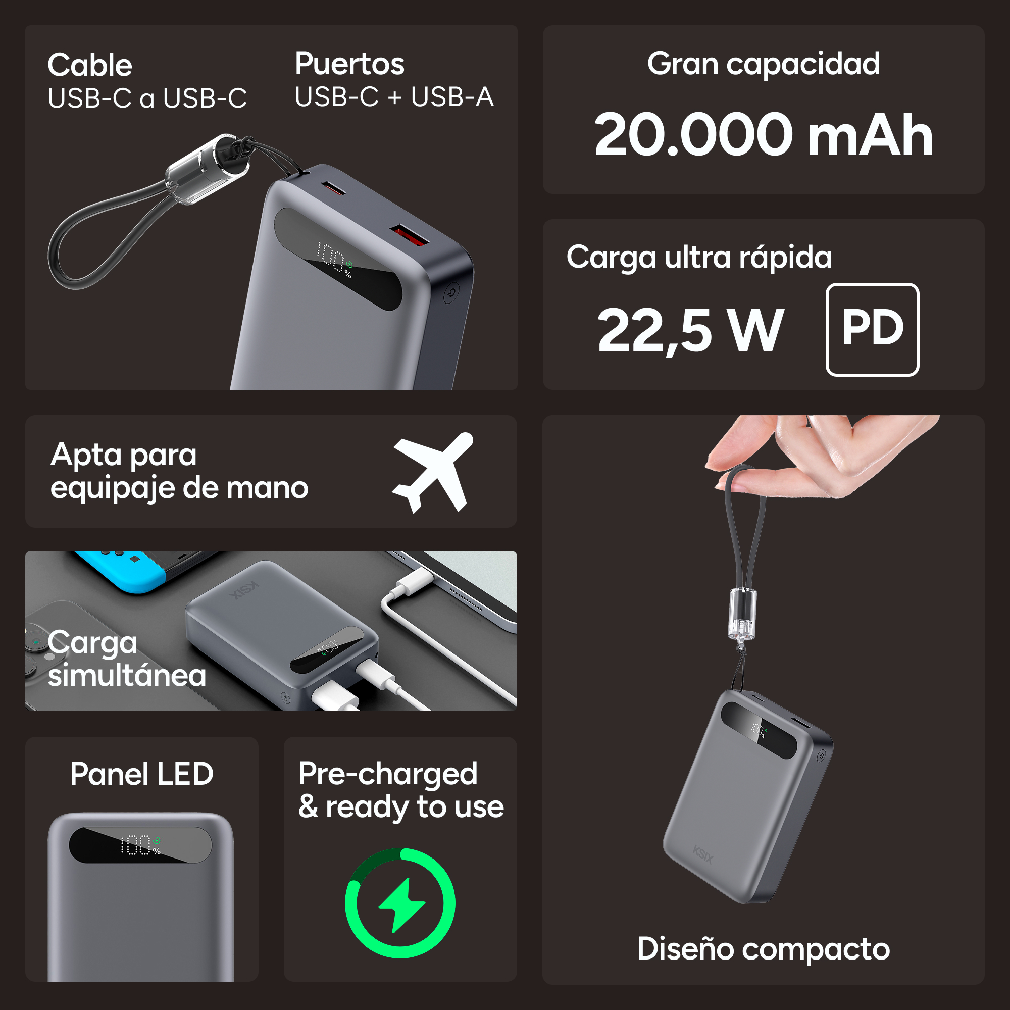Banco de energía con cable USB-C. Tiene múltiples puertos y texto en español que describe la carga rápida.