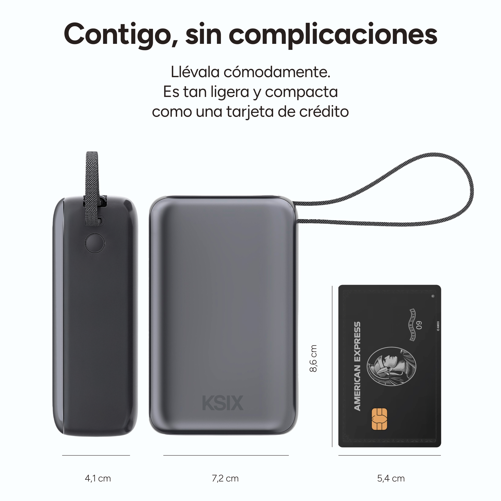 Power bank gris junto a una tarjeta de crédito. Texto: '100%'. Marca: Ksix.