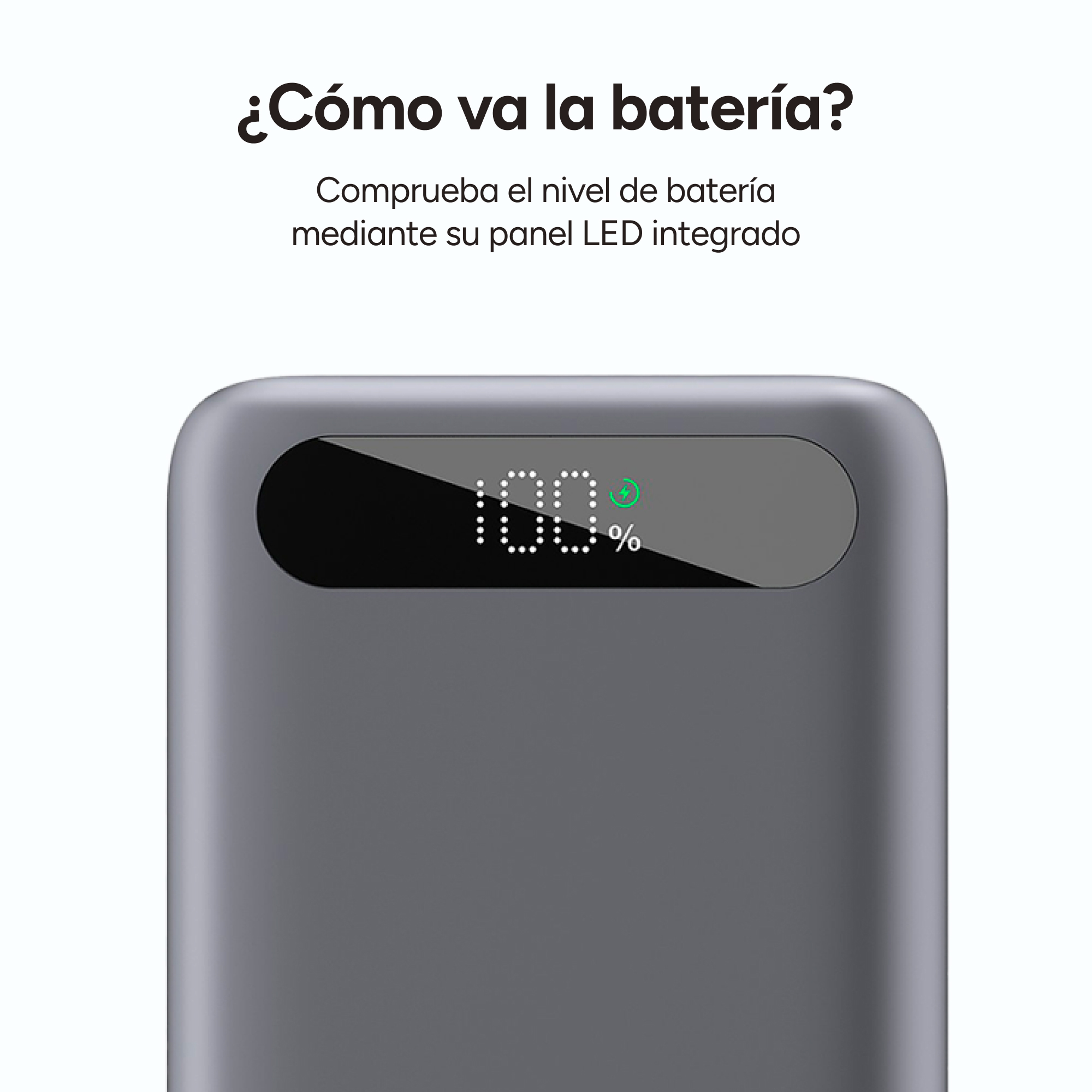 Primer plano de la pantalla de un banco de energía que muestra el 100% de la batería. La pantalla es gris con indicadores blancos.