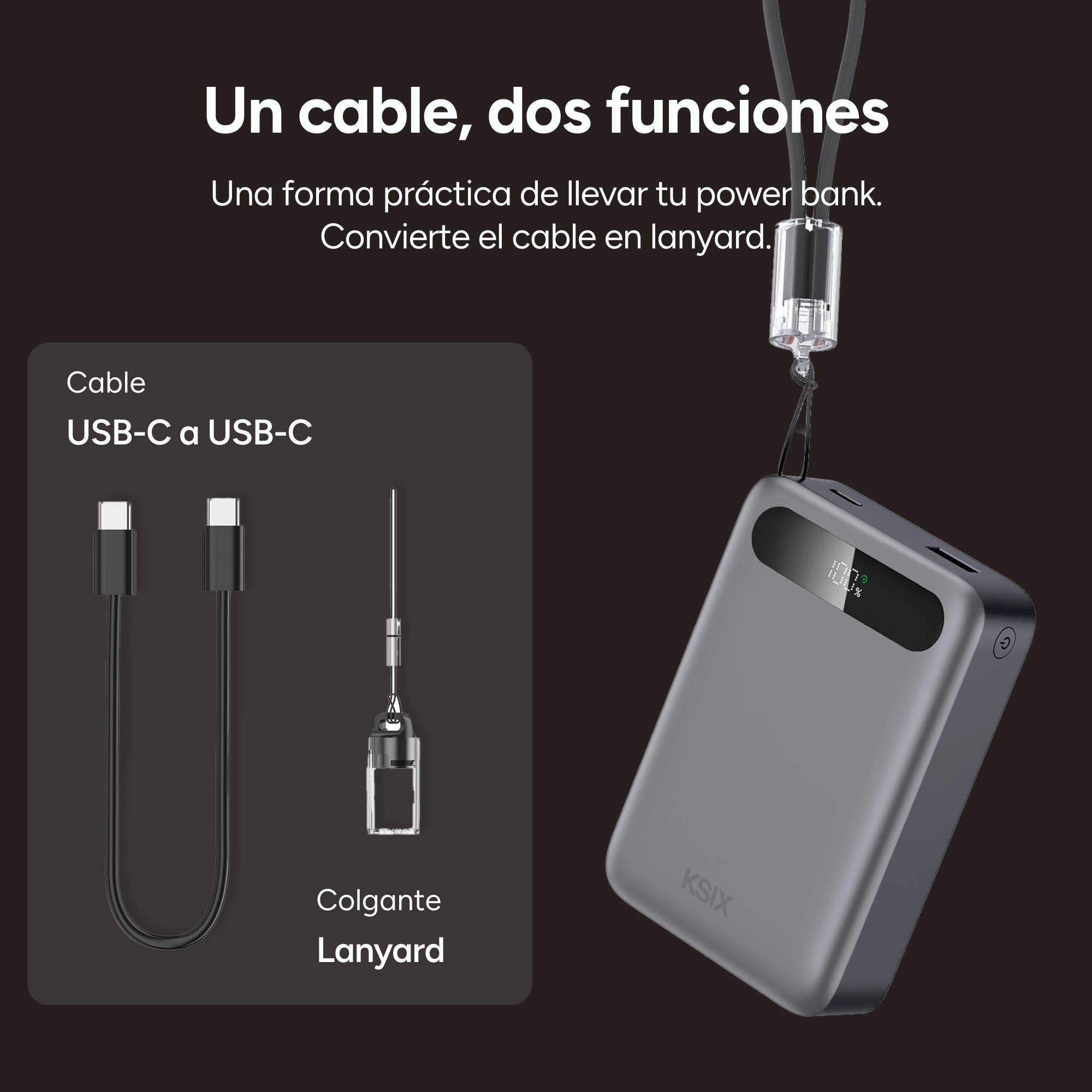 Un banco de energía con cable USB-C y un cordón, que muestra cómo se puede convertir en un cordón.