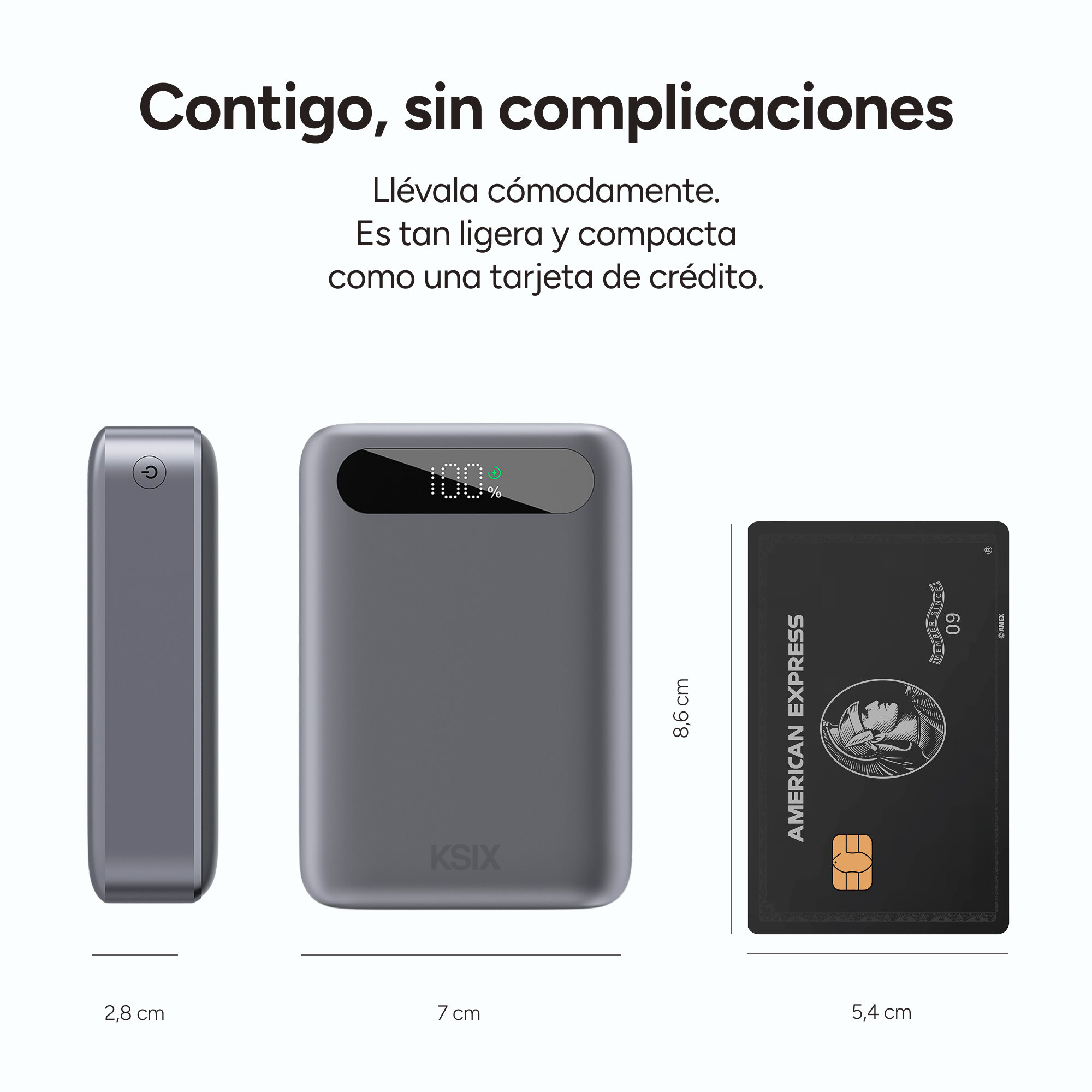 Power bank gris con tarjeta de crédito al lado. Texto: '100%'. Etiquetado 'Ksix'.