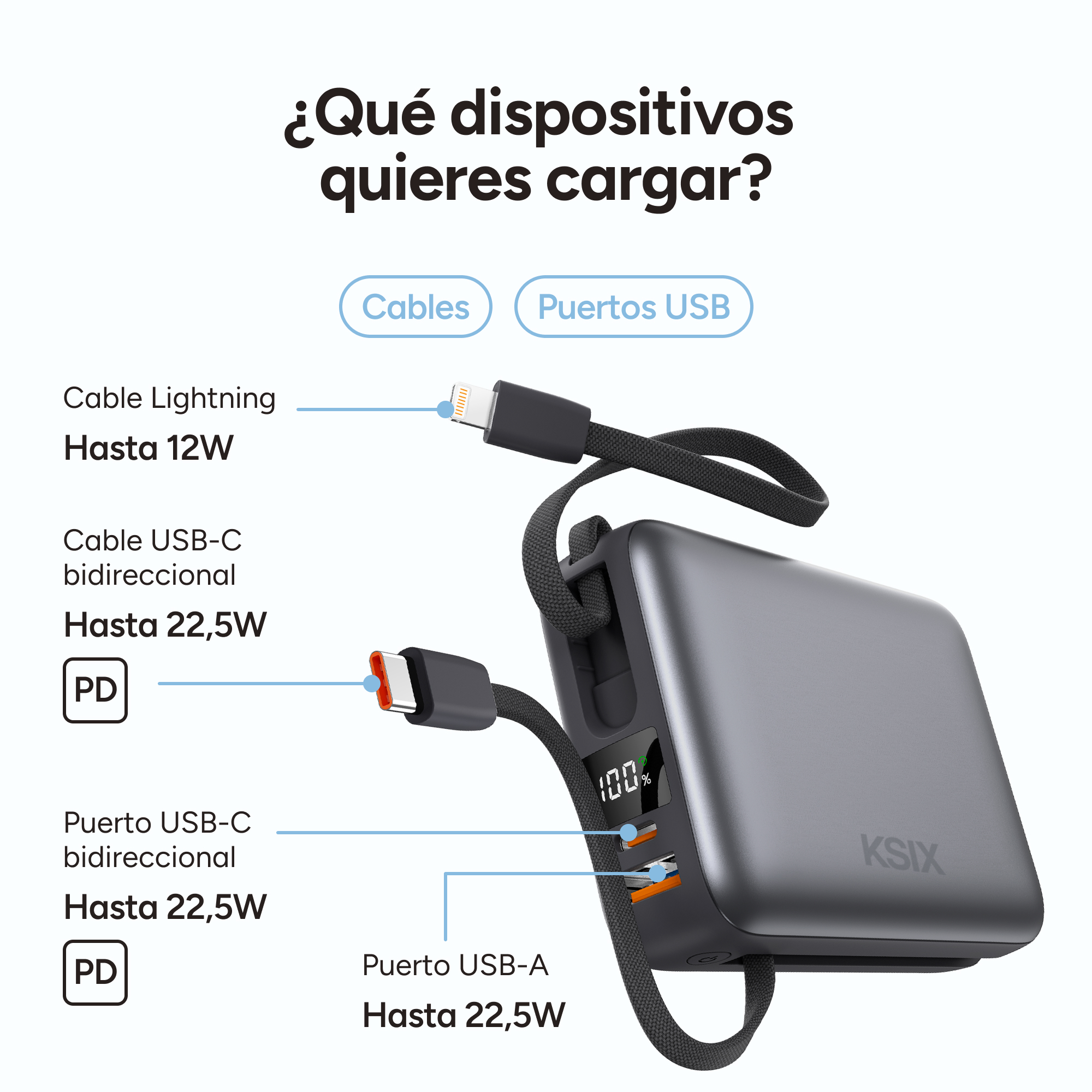 Un power bank con porte USB e cavi. Le etichette di testo indicano i tipi di cavo e le uscite di ricarica.