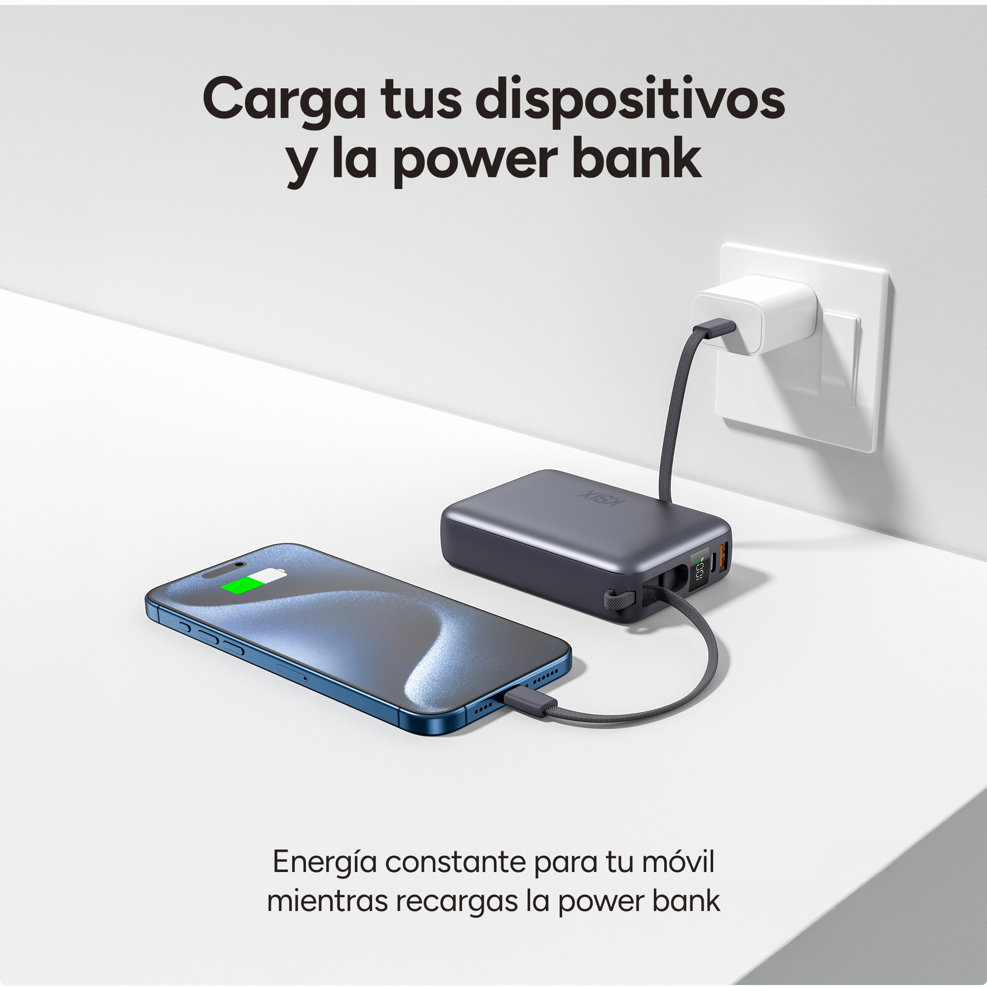 Un telefono si sta caricando da un power bank collegato a una presa a muro. Il telefono mostra un indicatore di carica.