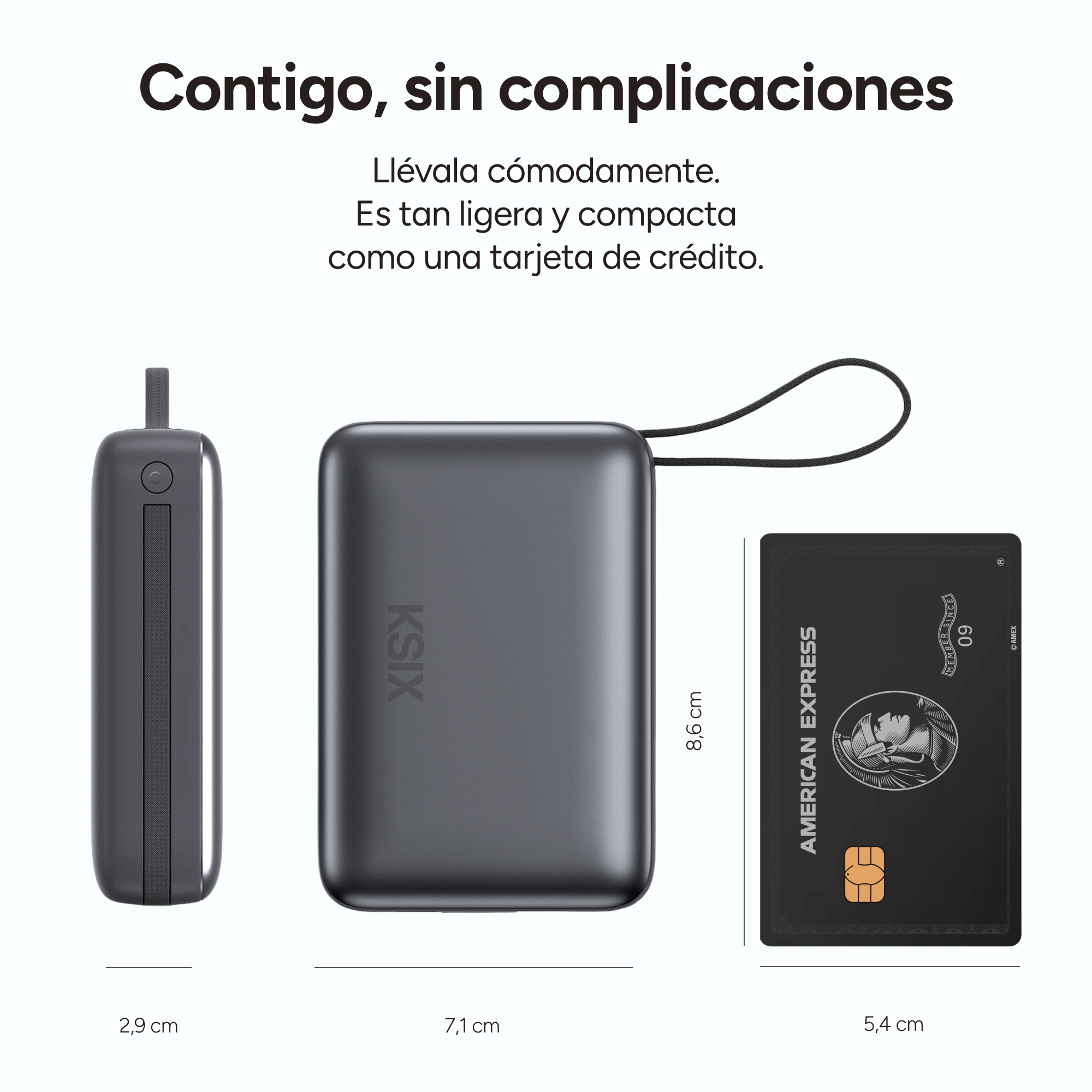 Power bank nero e carta American Express. Il power bank è piccolo e ha il logo Ksix. Dimensioni indicate.