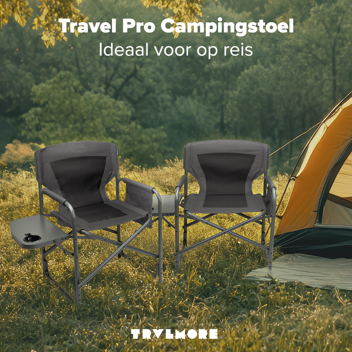 Two dark gray camping chairs with a small table. Green grass and trees in the background.