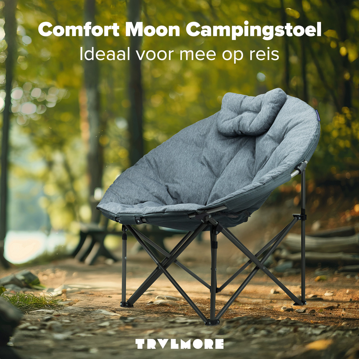 Gray, round camping chair with a headrest in a forest setting. Text above reads 'Comfort Moon Campingstoel'.
