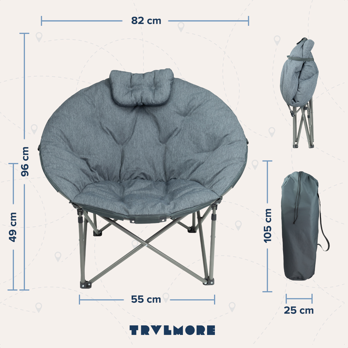 Gray round camping chair with dimensions. A folded chair and a bag are also shown. Text at the bottom reads 'TRVLMORE'.