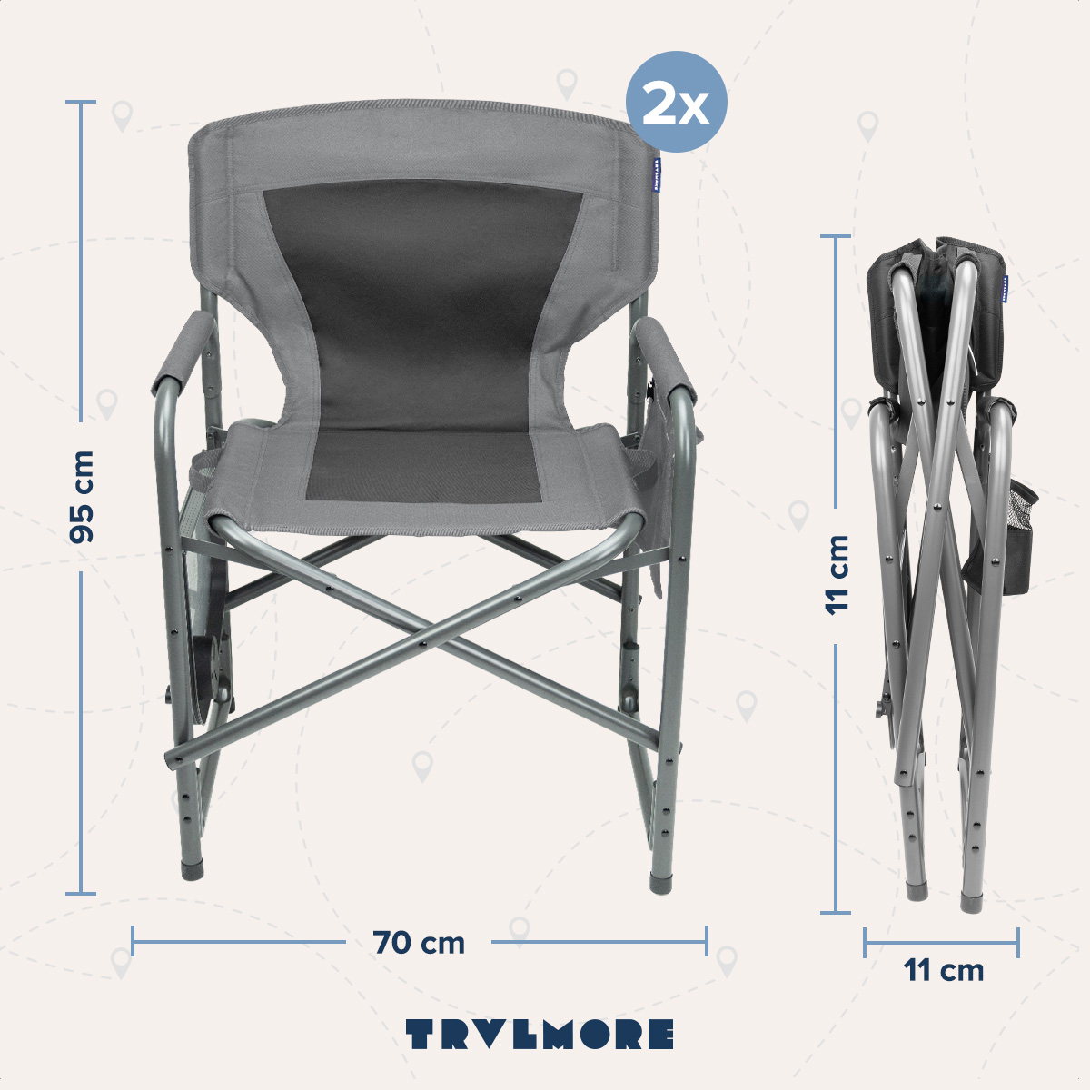 A gray folding chair is compared to its folded size. Dimensions are shown: 95cm high, 70cm wide, and 11cm thick.