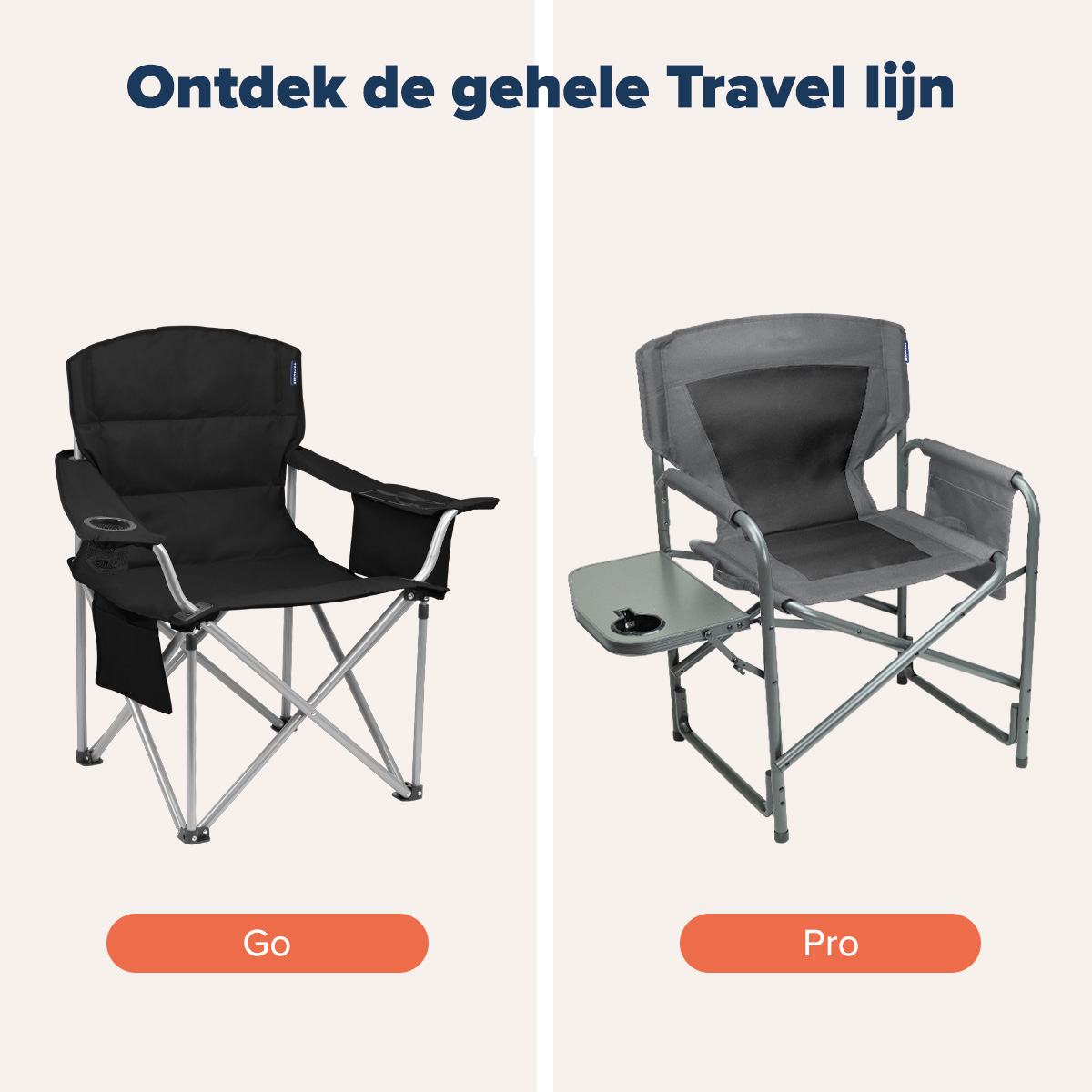 Two camping chairs, one black and one gray, with a table. Text promotes the Travel line.