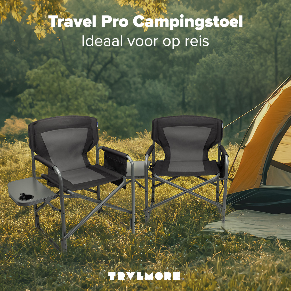 Two camping chairs with side tables, in a grassy area near a tent. Text at the bottom reads 'TRVLMORE'.