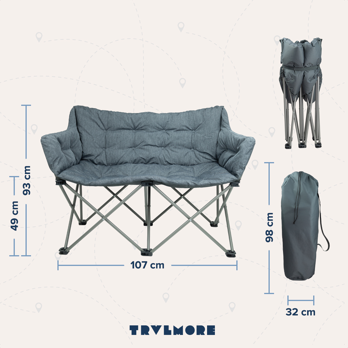Illustration showing a gray, two-person camping bench with dimensions. A folded bench and a bag are also shown.
