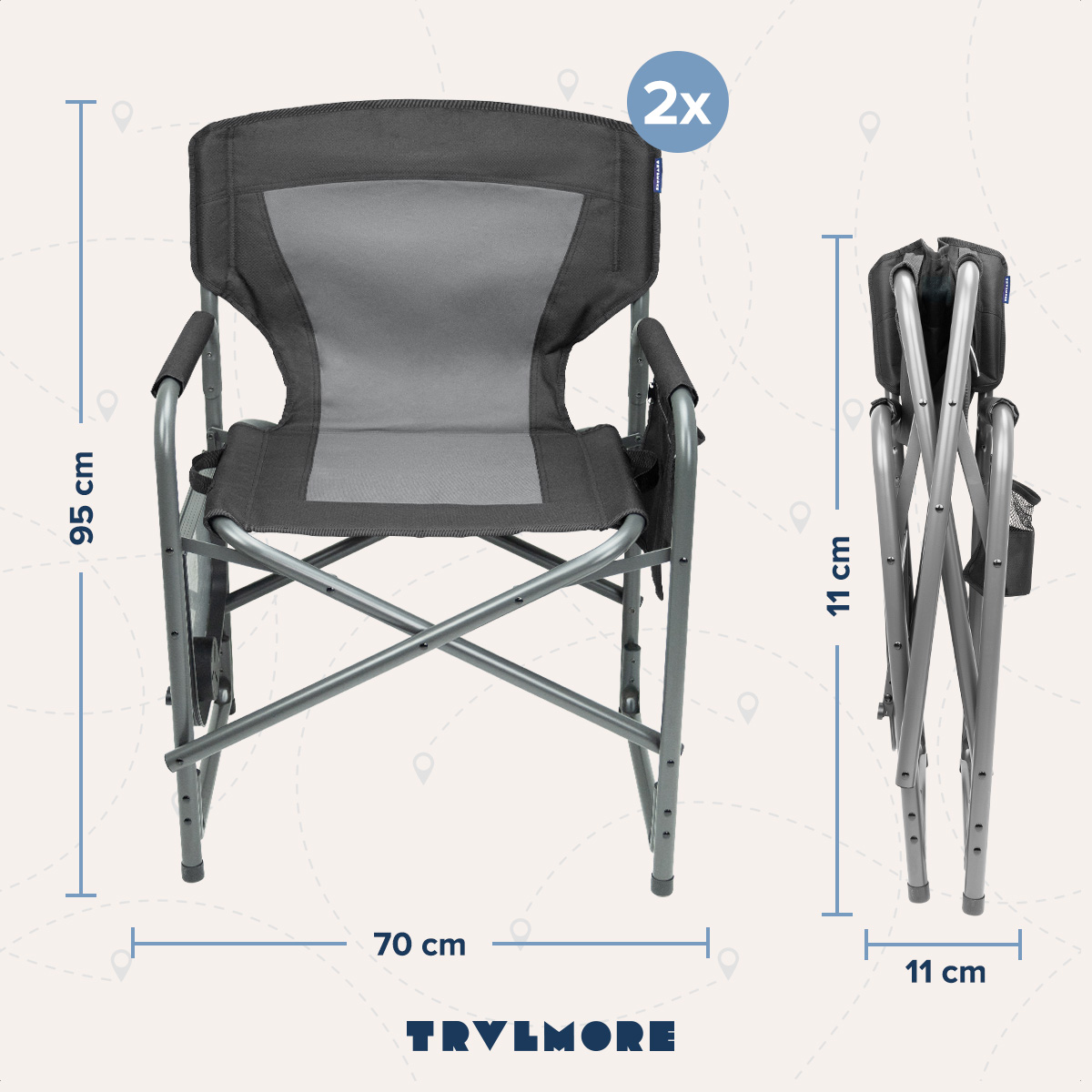 A folding chair, front and side views. Measurements of height 95cm, width 70cm, folded 11cm.