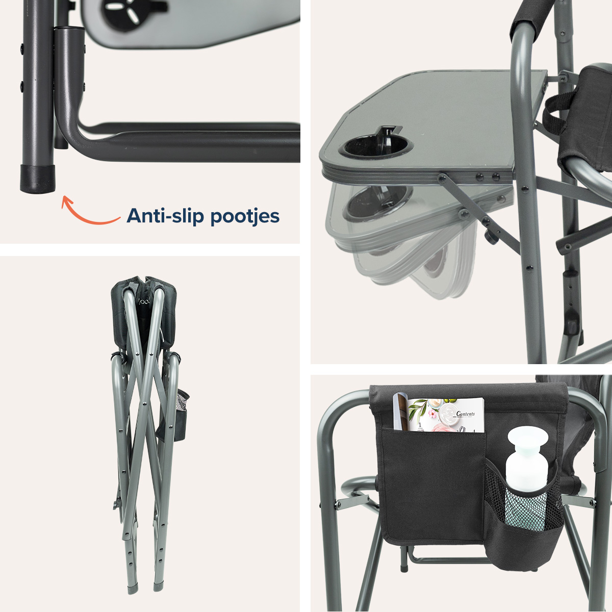 Collapsible gray camping chair with a table, cup holder, and storage. The chair is folded in the bottom-left corner.