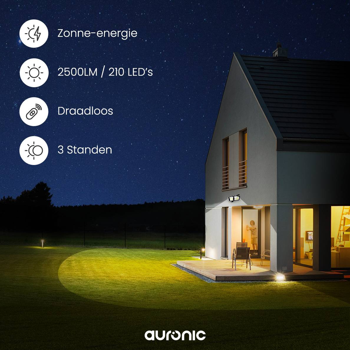A house at night, illuminated by solar lights. Text describes solar power, 2500LM, and wireless.