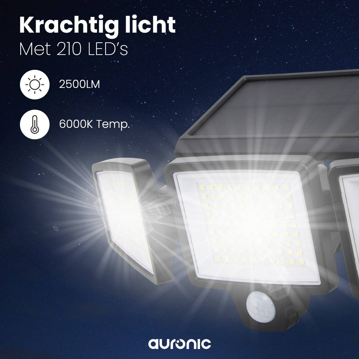 A solar light with three light panels, displaying 210 LEDs, 2500LM and a color temperature.