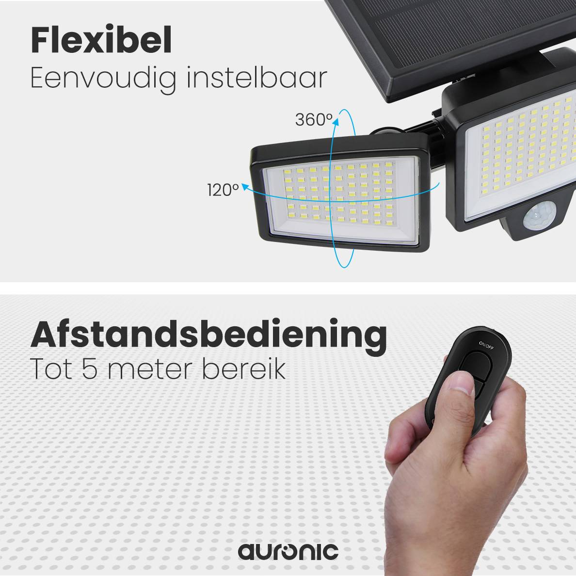 Solar lights with adjustable heads and remote control. The remote is in a hand, with the light.