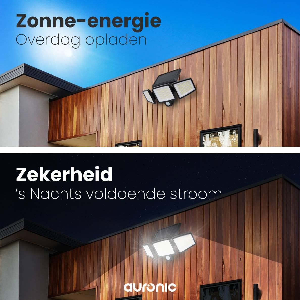 Two images showing solar lights on a wooden building. Text mentions 'Zonne-energie' and 'Zekerheid'.