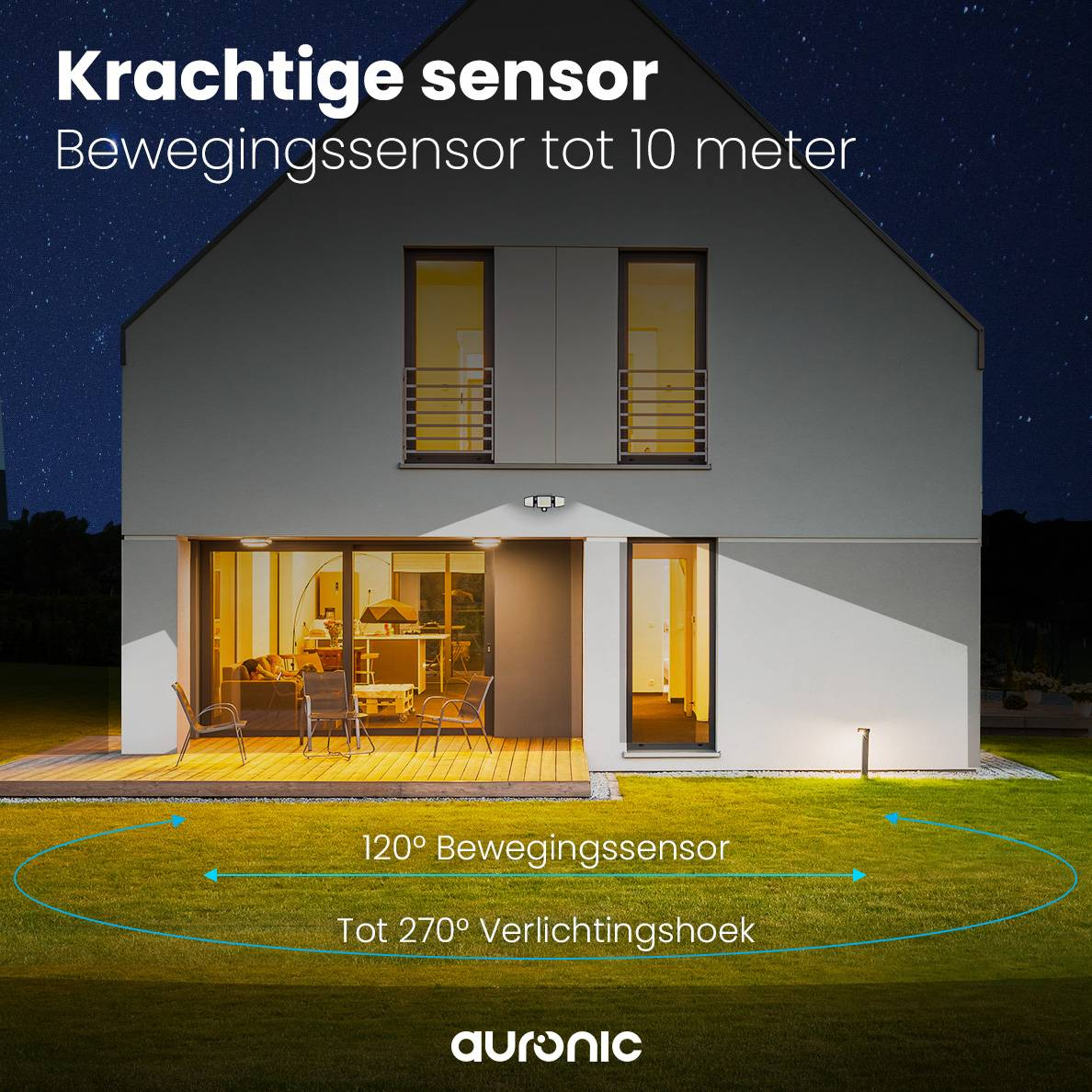 House at night with solar lights, a sensor detects movement up to 10 meters and 270 degrees.