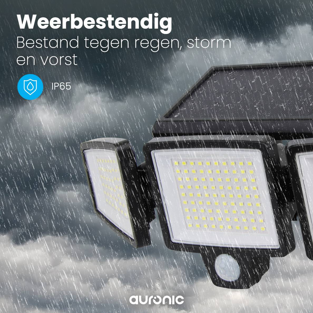 A black solar floodlight with three light panels. Rain is falling in the background. Text reads 'Weerbestendig'.