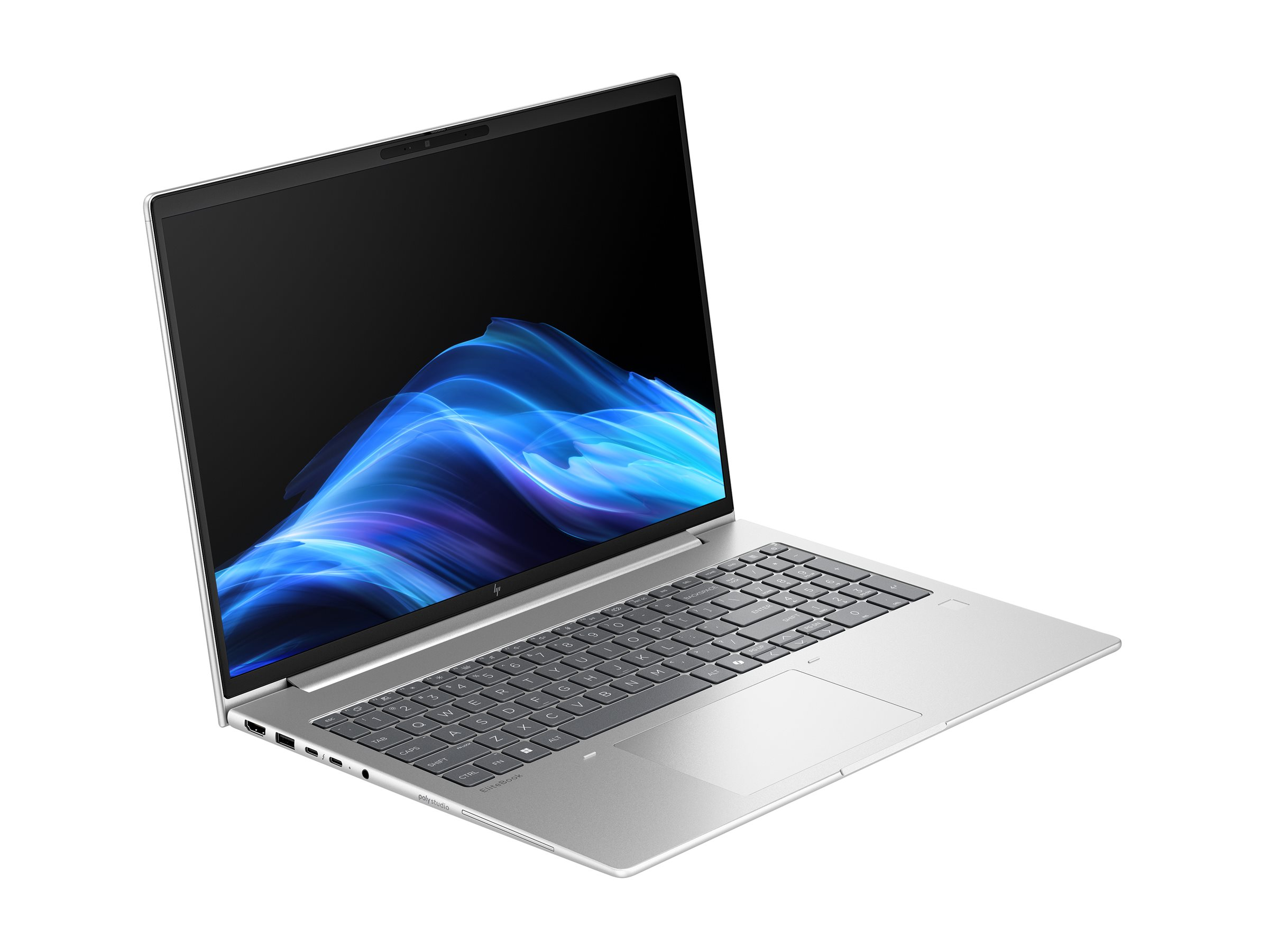 Zilveren laptop, onder een hoek geopend. Scherm toont blauwe en paarse abstracte kunst. Toetsenbord zichtbaar, op een witte achtergrond.