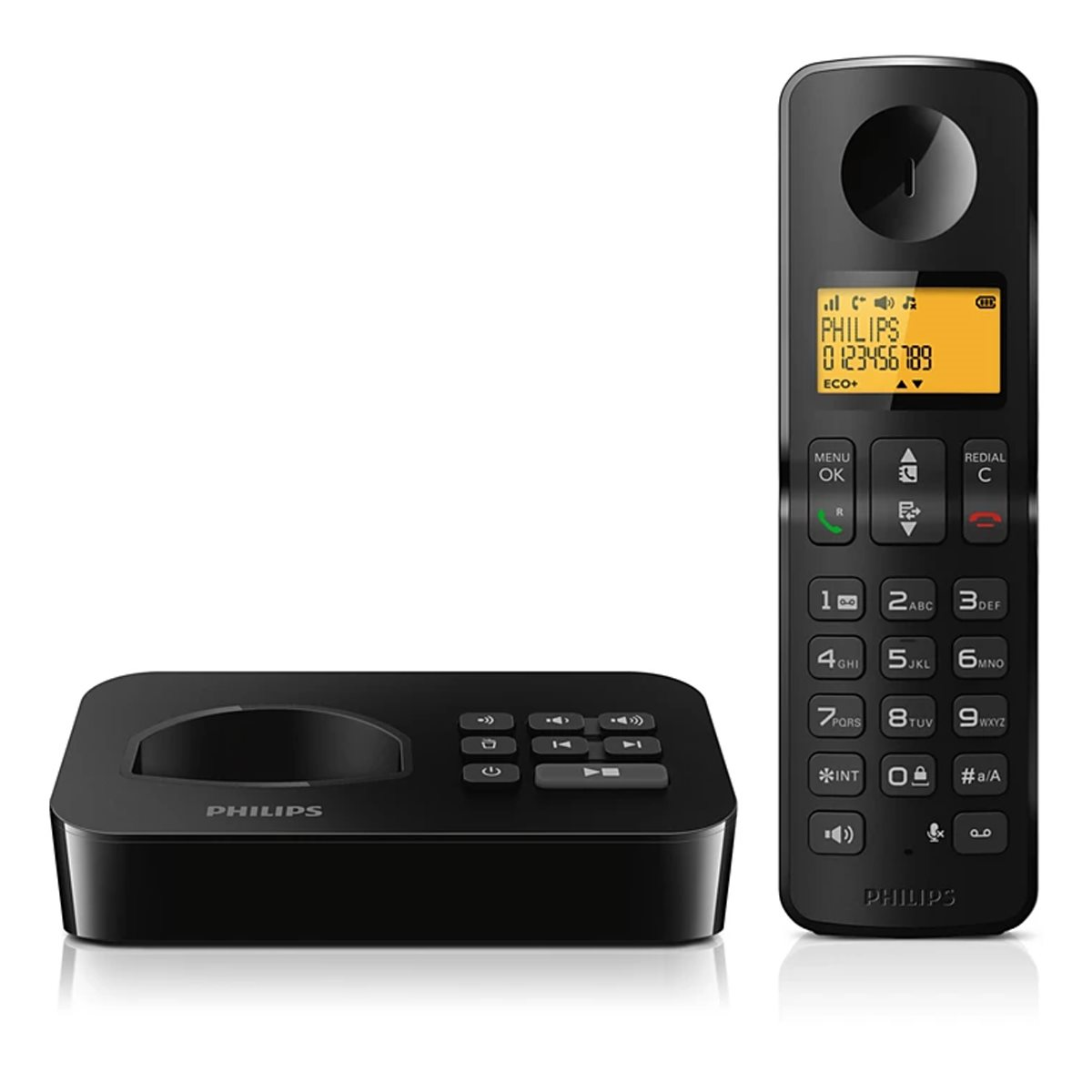 Eine schwarze Telefonbasis mit Telefon und Knöpfen. Das Telefon hat ein Display und Zifferntasten. Marke 'PHILIPS'.