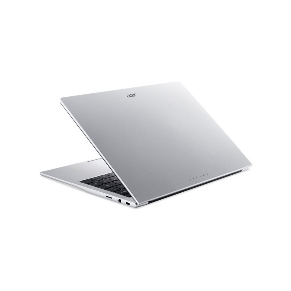 Laptop argentato, leggermente aperto, angolato per mostrare lo schermo. Il marchio 'acer' è in alto. La parola 'ASPIRE' in basso.